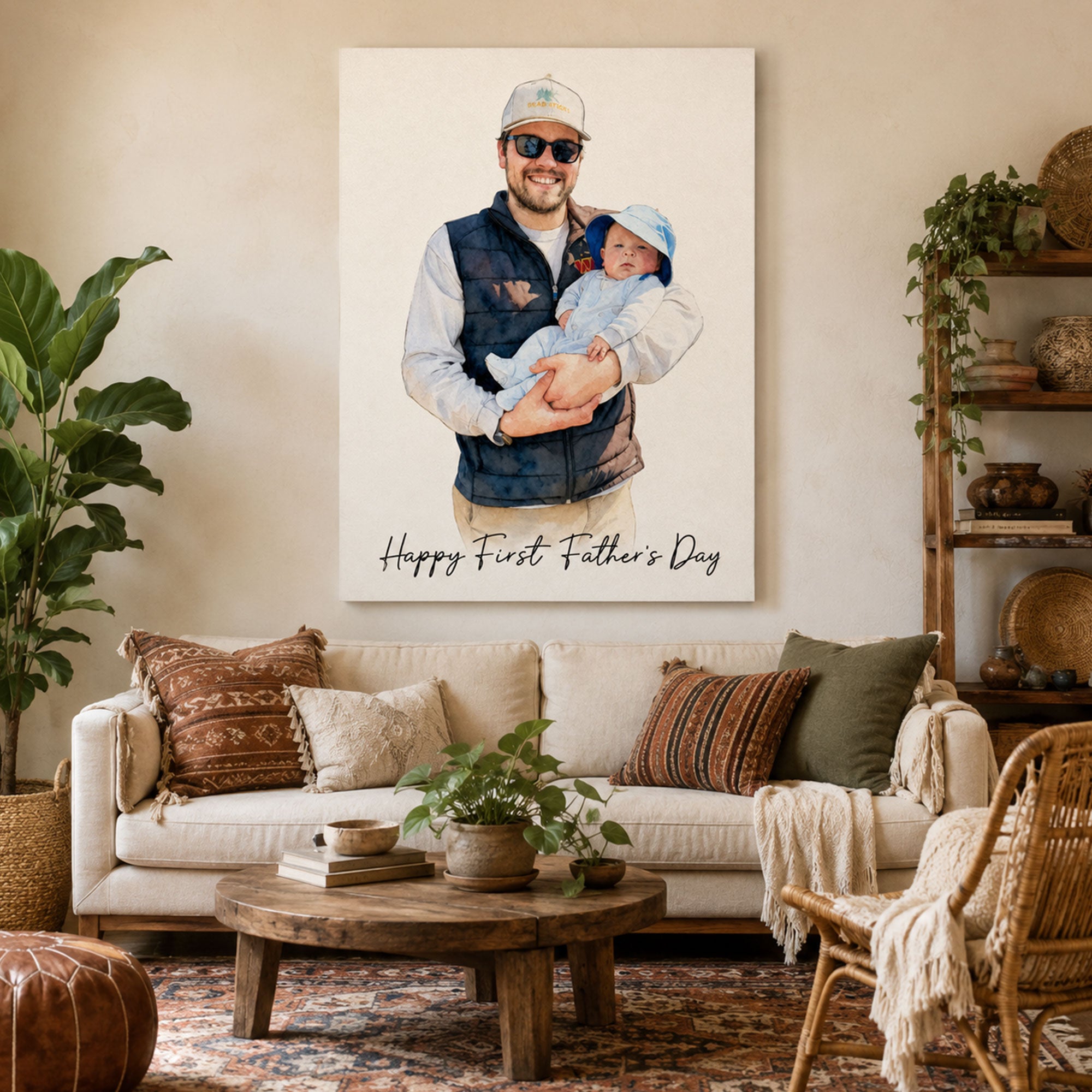 First Father’s Day Gift Personalized Watercolor Dad Portrait Canvas, Family Portrait Wall Art for Husband