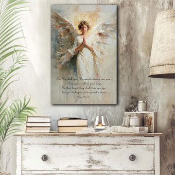 Psalm 91 Guardian Angel Canvas Print, Christian Angel Wall Art, Faith Home Decor
