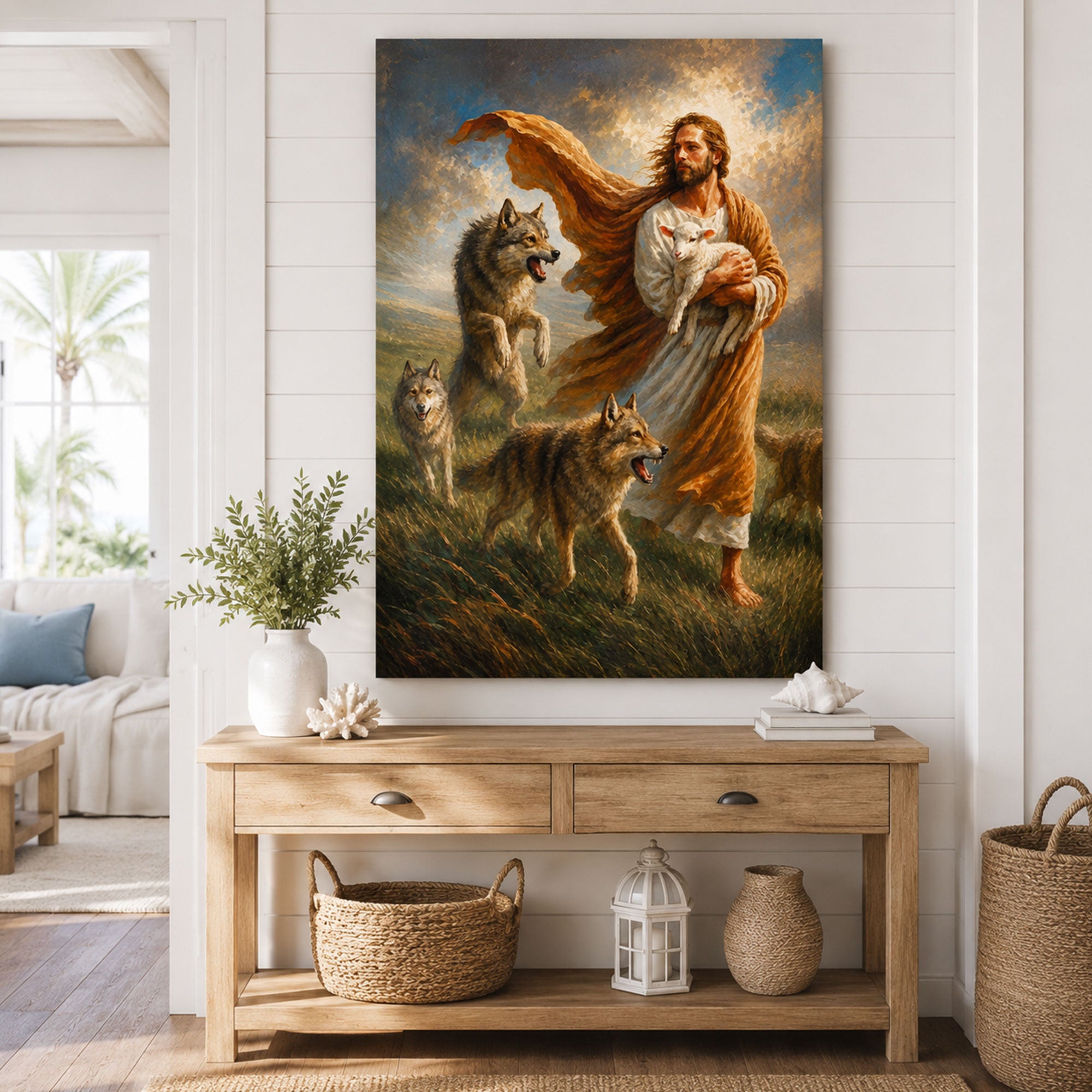 Jesus Protecting the Lamb Canvas Print, Good Shepherd Christian Wall Art, Faith Home Decor Gift