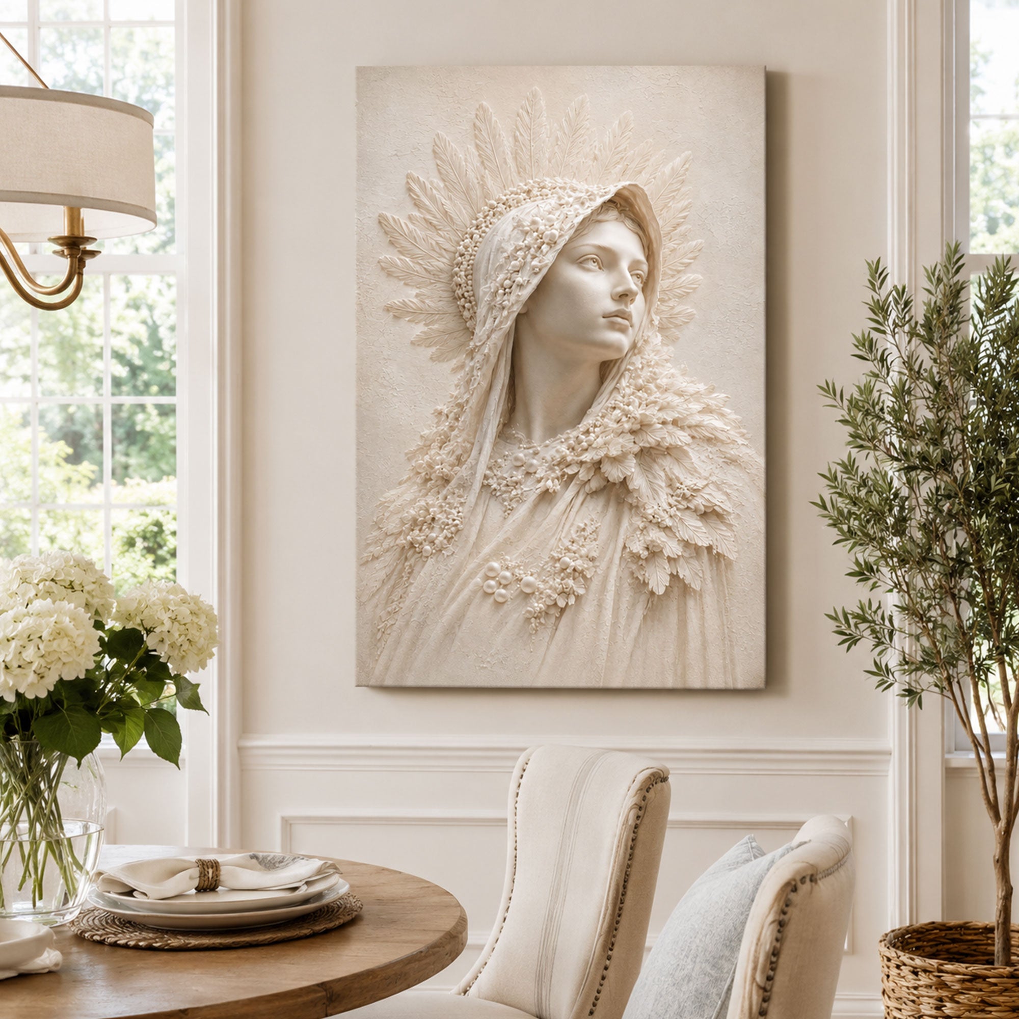 Virgin Mary Ivory Portrait Canvas Print, Catholic Marian Wall Art, Neutral Faith Home Decor Gift