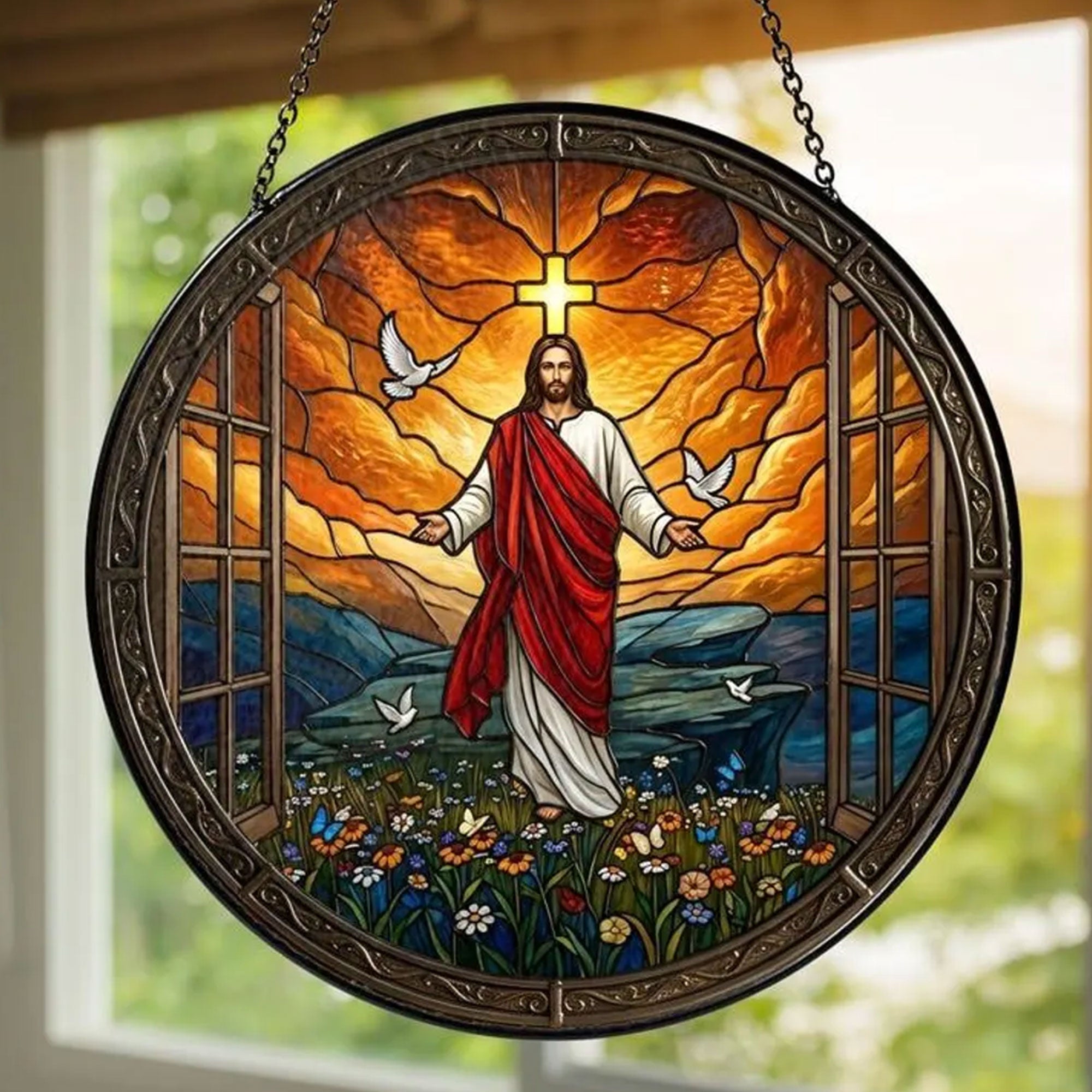 Jesus Stained Glass Suncatcher, Christian Window Hanging Decor, Religious Art Gift for Home