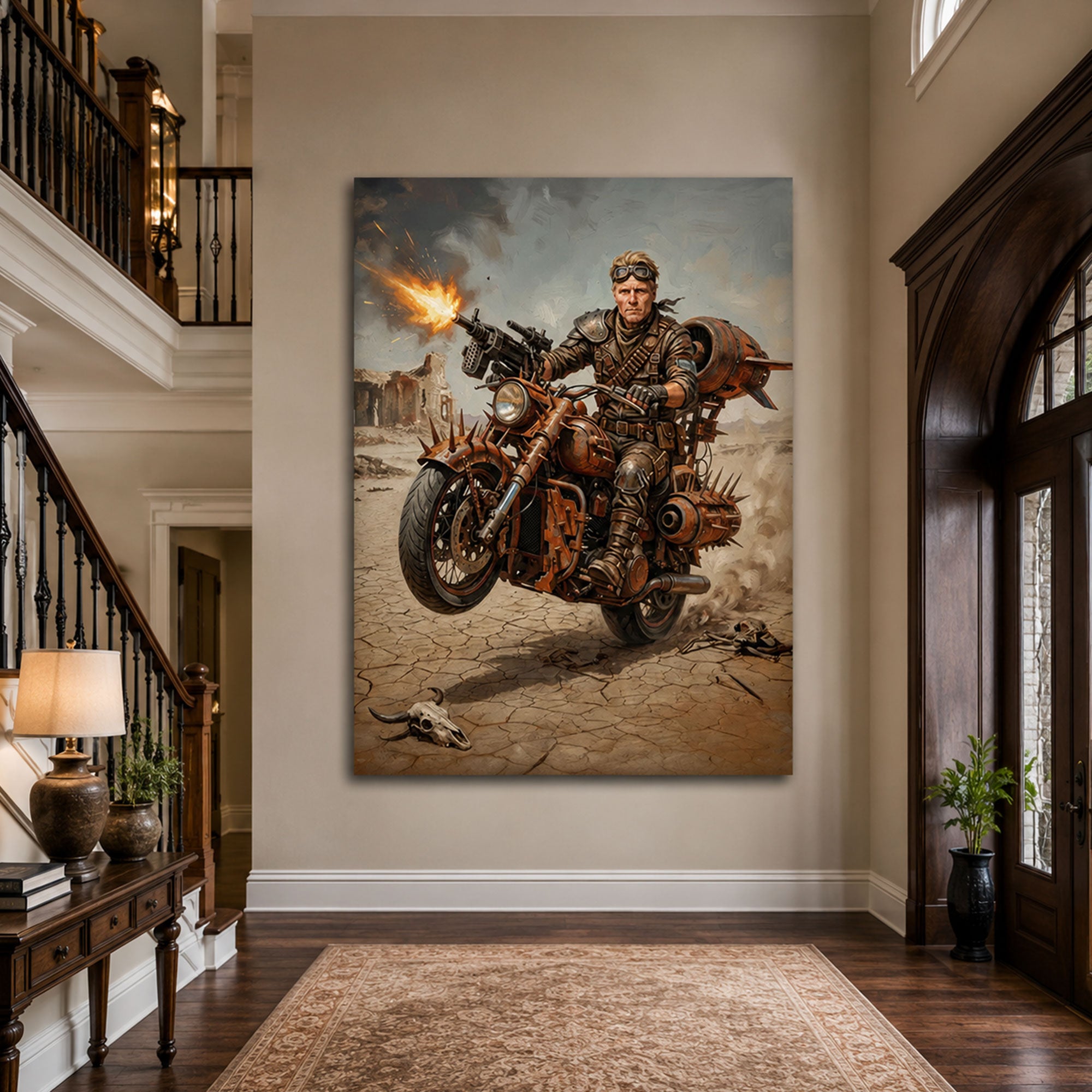 Custom Face For Dad Mad Rider Canvas, Personalized Post-Apocalyptic Biker Portrait, Funny Father’s Day Gift