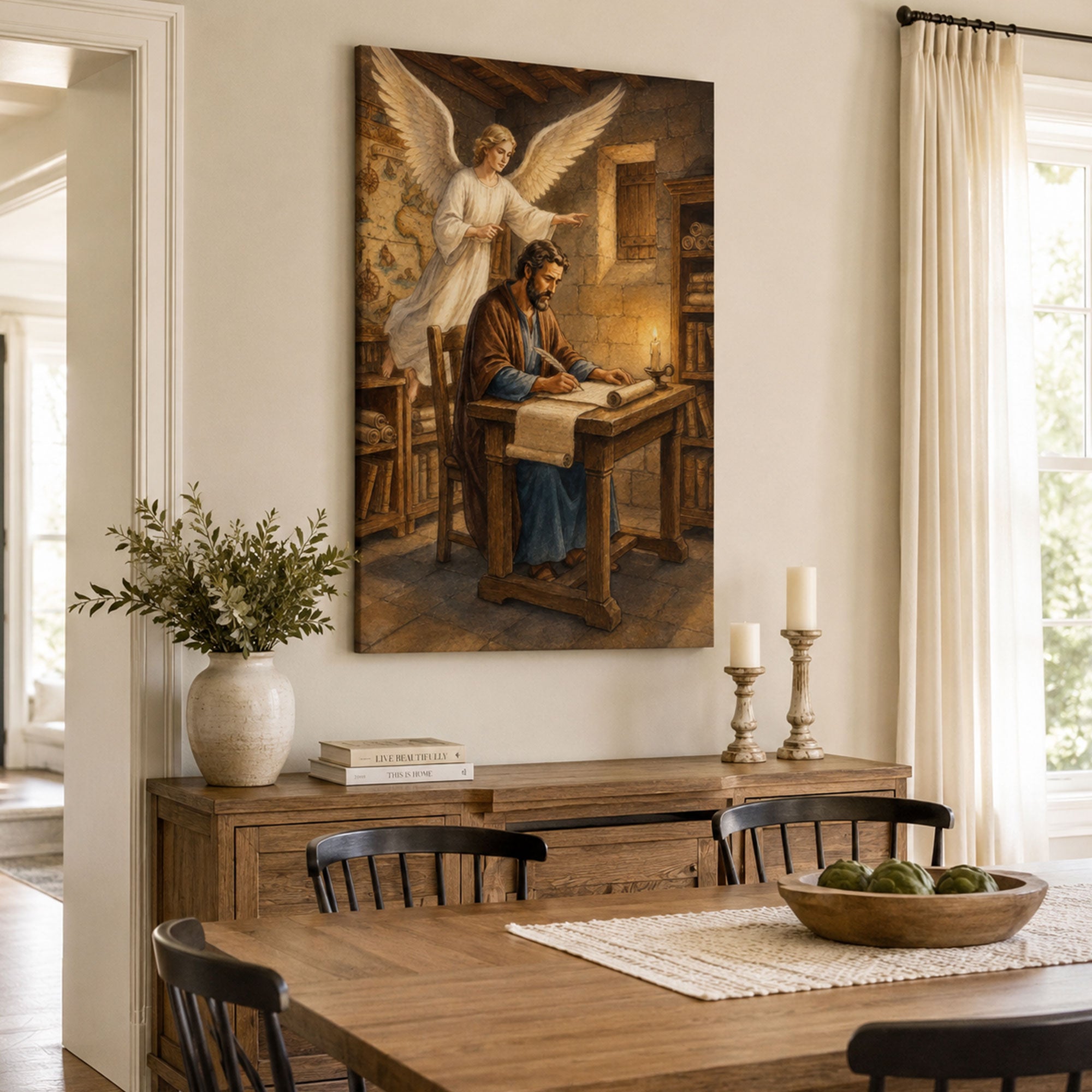 Saint Matthew Writing the Gospel Canvas Print, Angel Inspired Catholic Wall Decor, Faith Gift