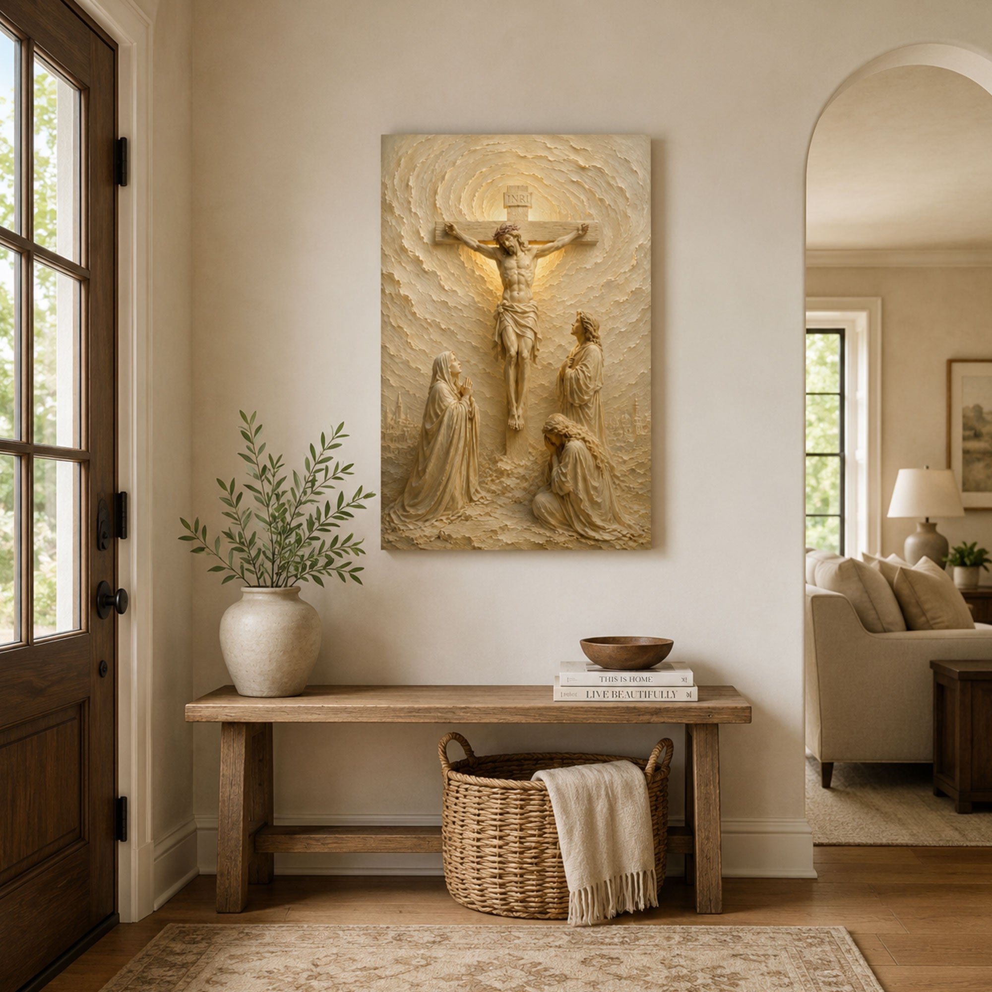 Crucifixion of Jesus Canvas Print, White Gold Catholic Wall Art, Passion of Christ Home Decor Gift