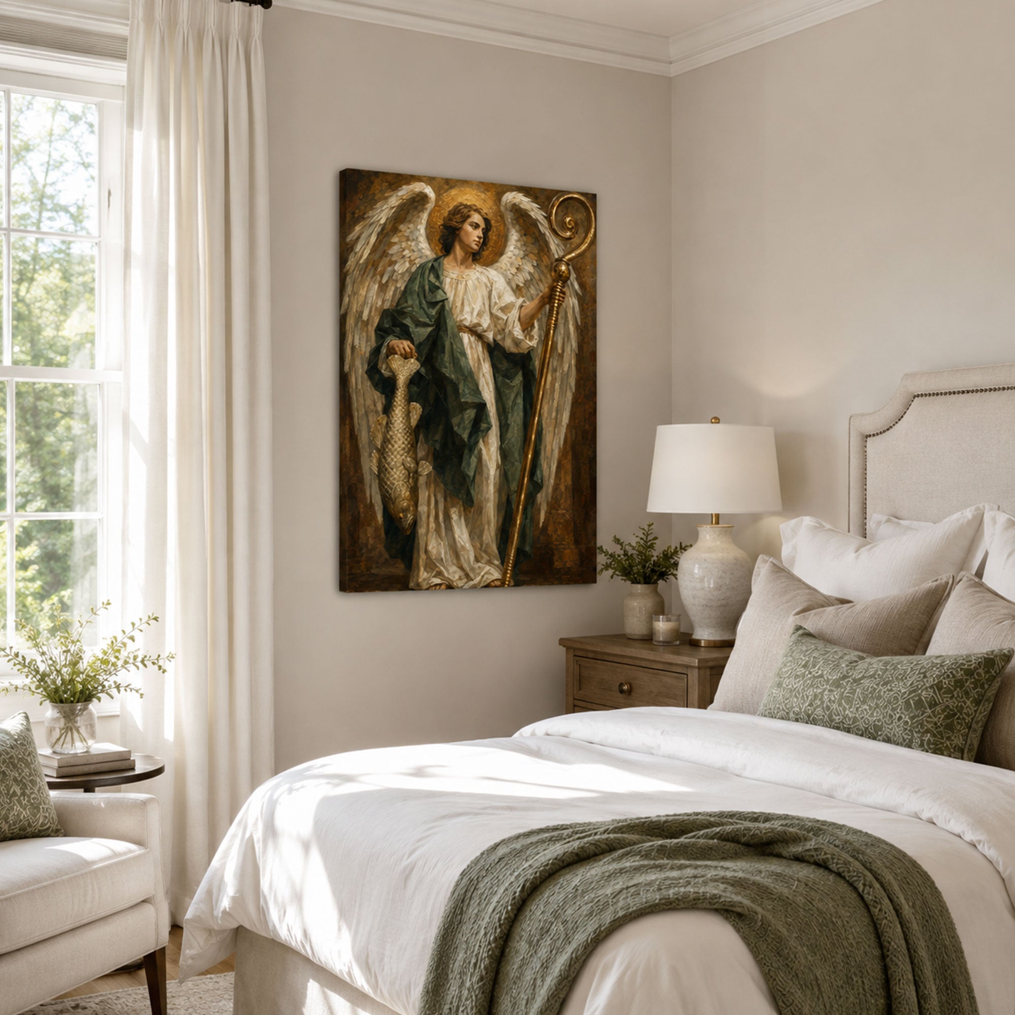 Saint Raphael the Archangel Canvas Print, Angel of Healing Catholic Wall Decor, Faith Gift