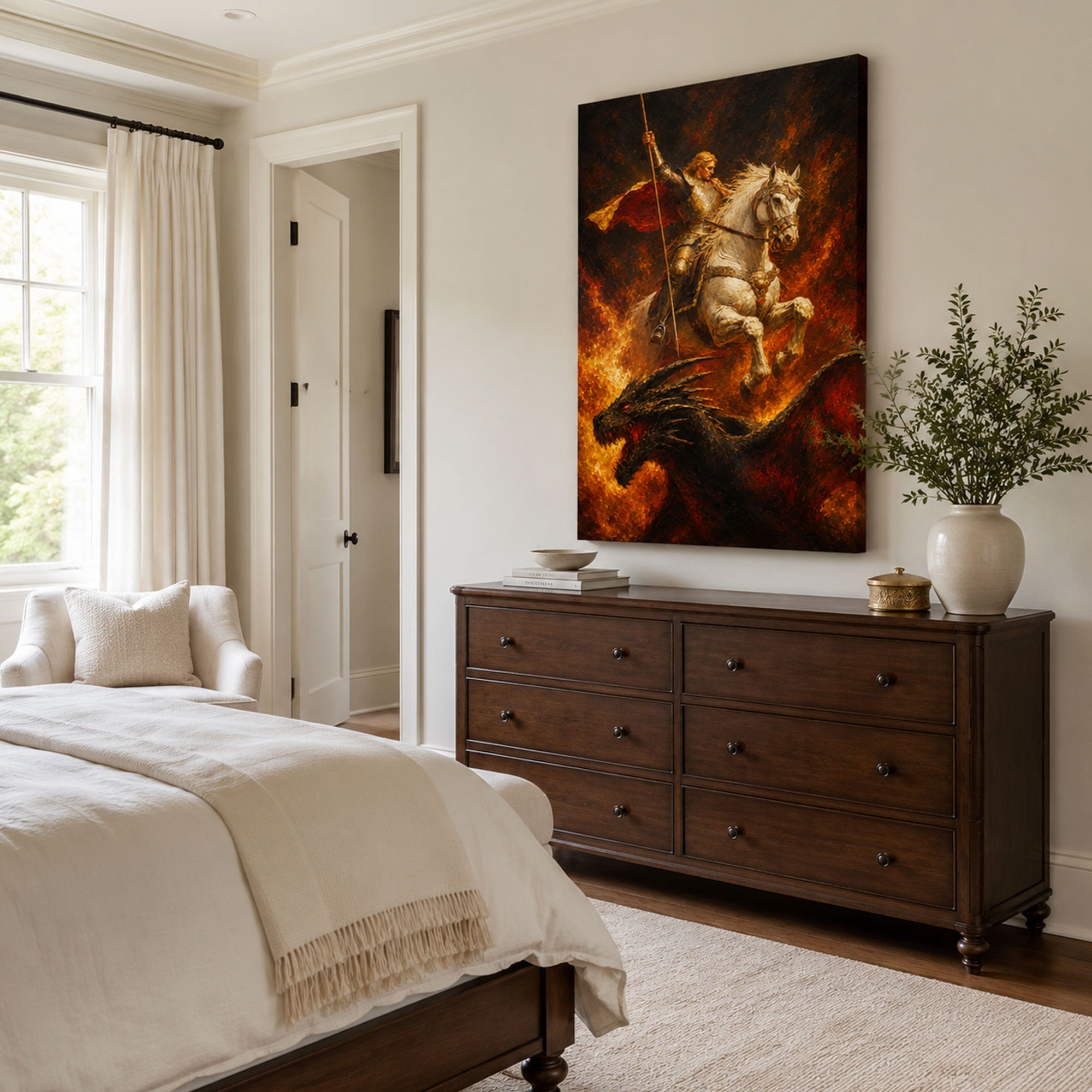 Saint George Firestorm Canvas Print, Fiery Catholic Warrior Art