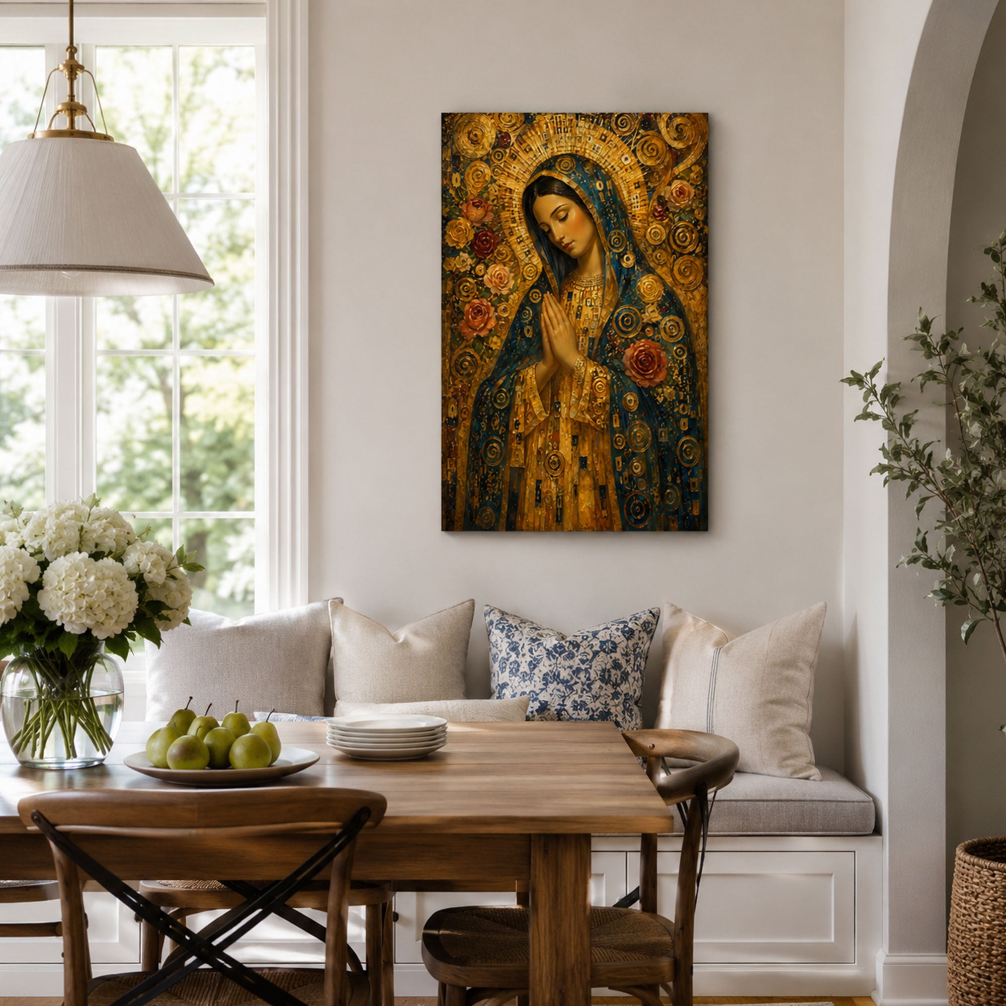 Praying Virgin Mary Canvas Print, Golden Floral Catholic Wall Decor, Marian Faith Gift
