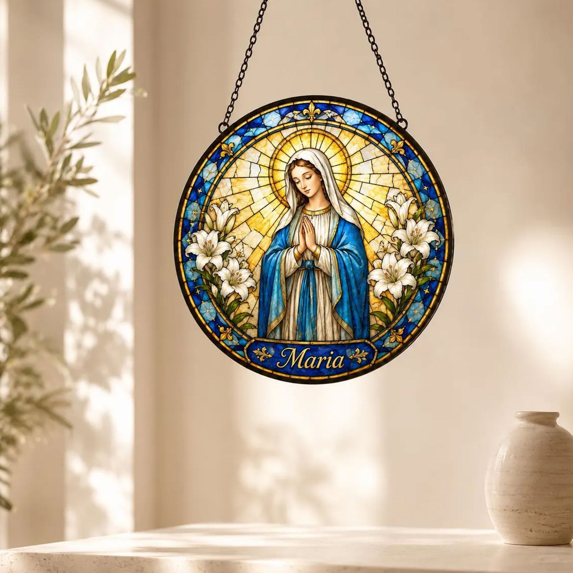 Virgin Mary with White Lilies Suncatcher, Catholic Window Hanging, Religious Gift for Women