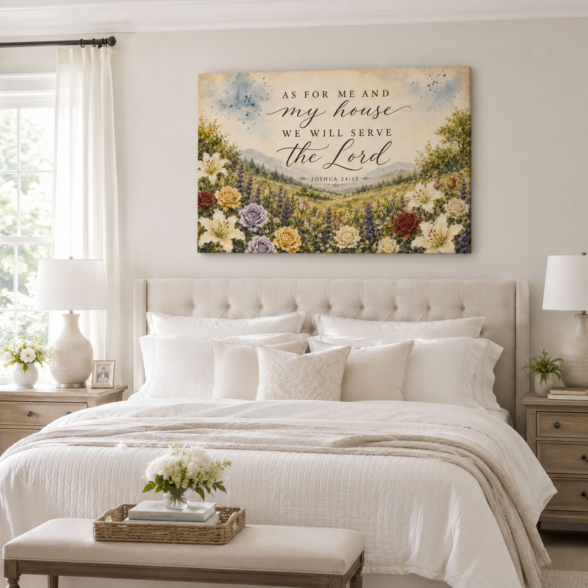 Joshua 24:15 Canvas Print, As for Me and My House Christian Scripture Wall Art, Floral Faith Home Decor Gift