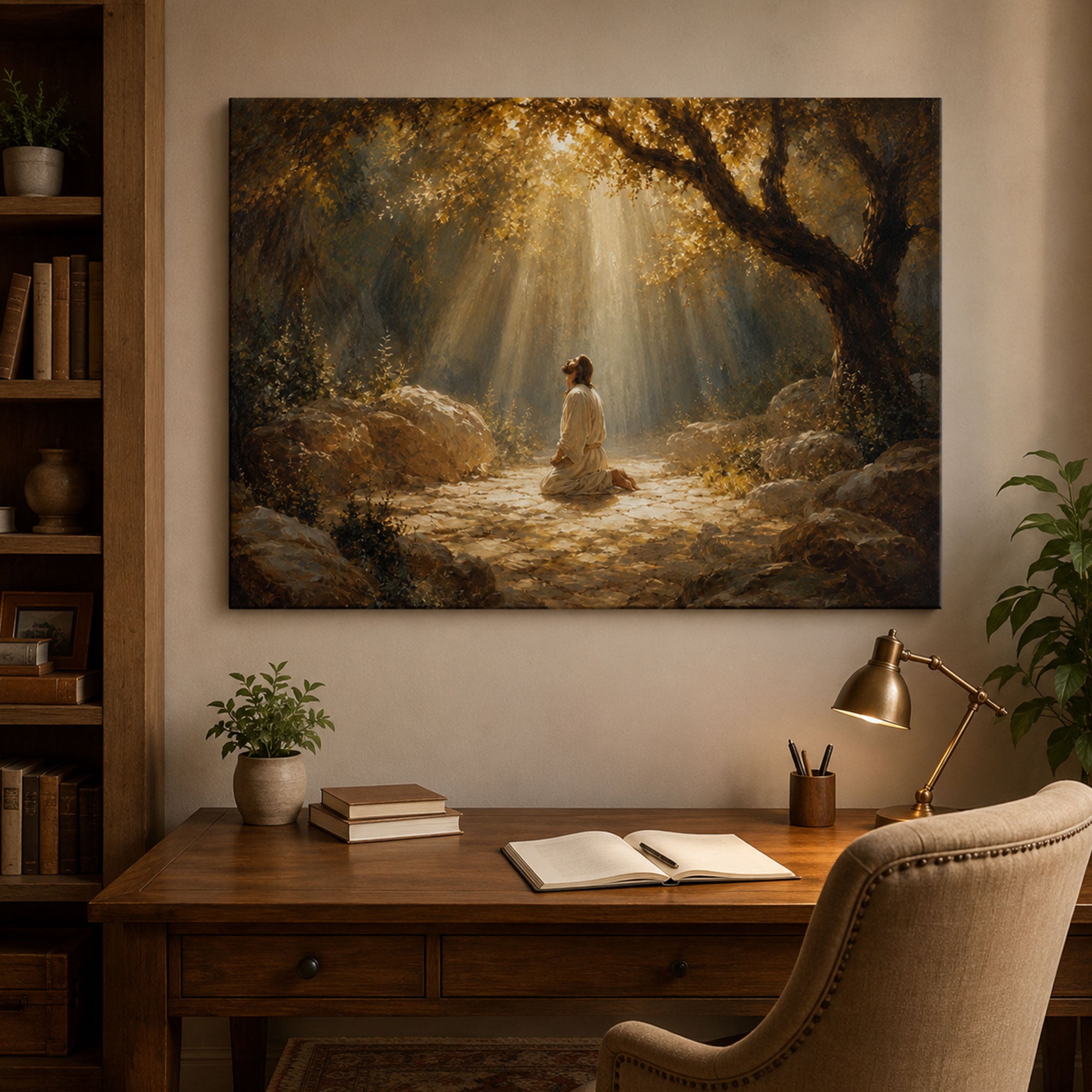 Jesus Praying in Gethsemane Canvas Print, Christian Wall Art, Divine Light Faith Home Decor