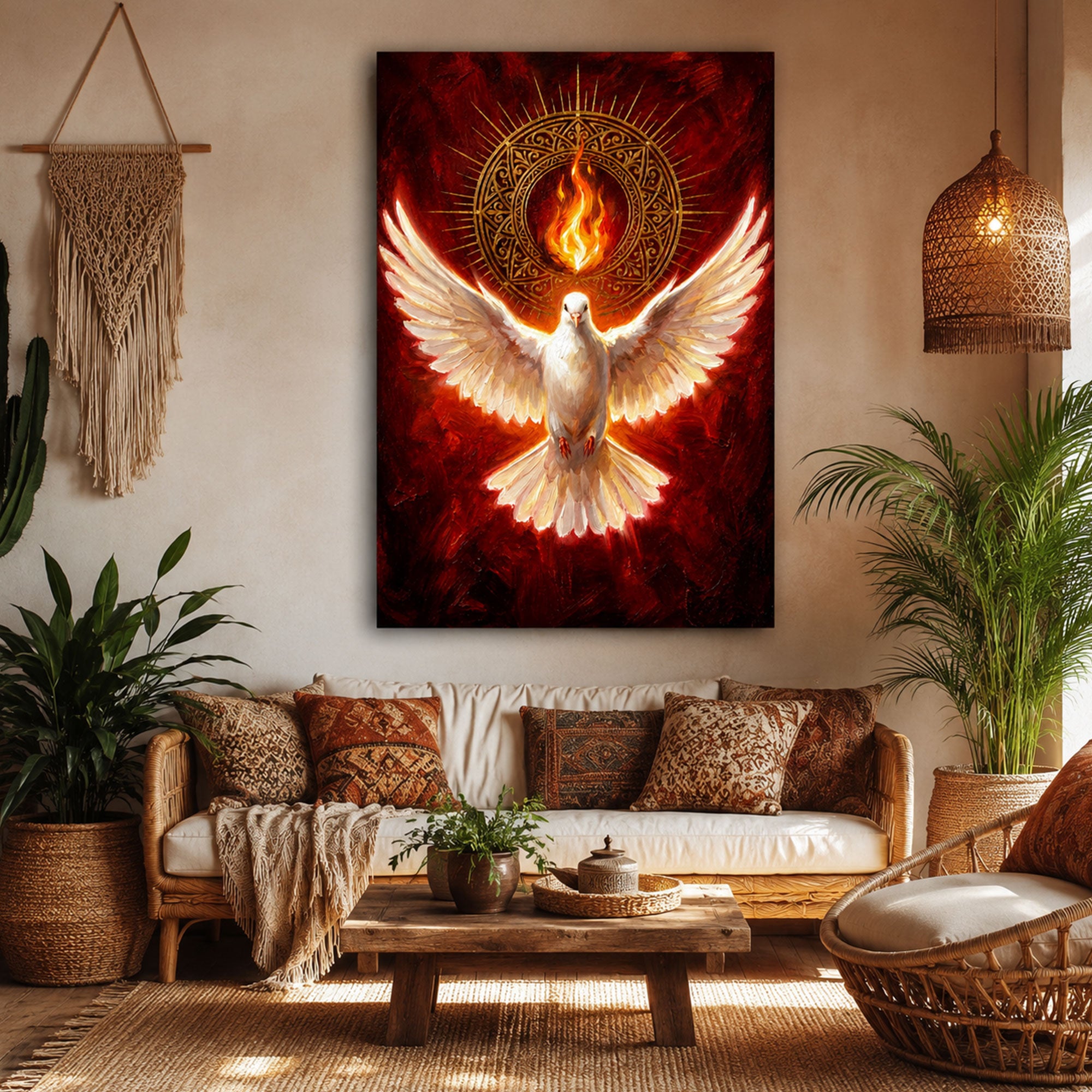 Holy Spirit Dove Wall Art, Red and Gold Pentecost Fire Canvas Print, Christian Catholic Home Decor