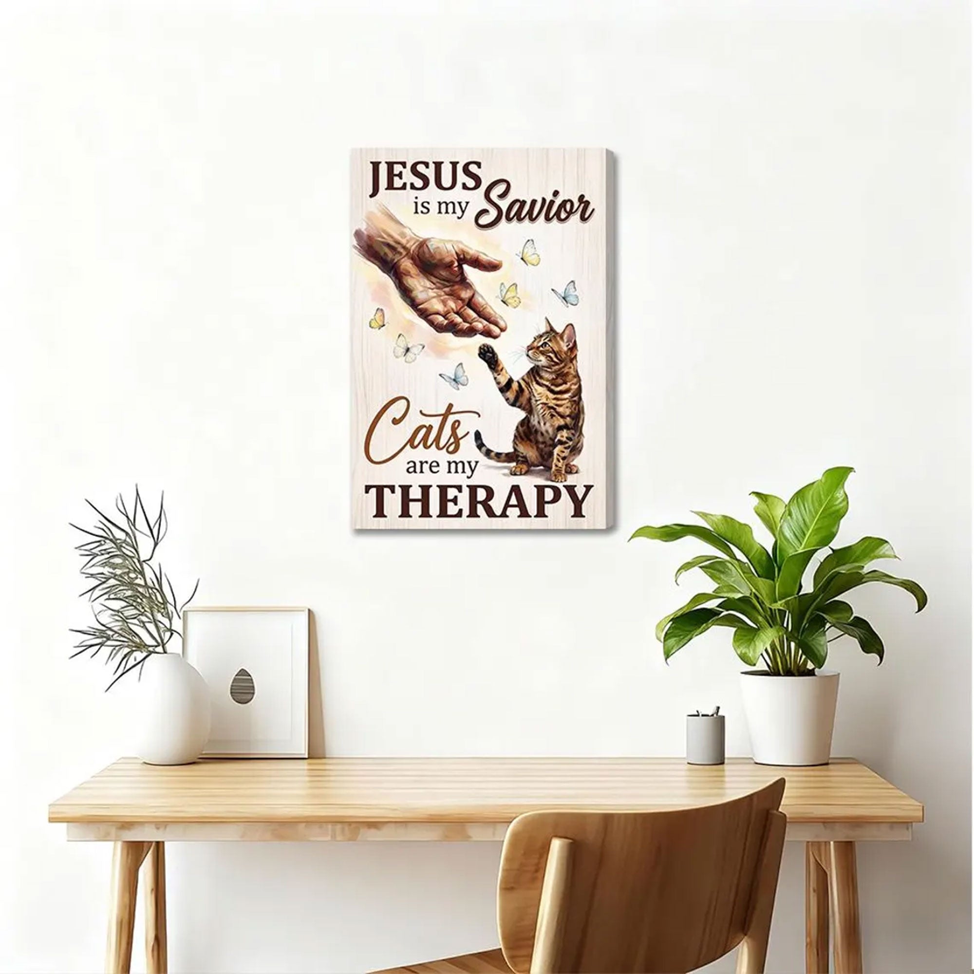 Jesus Is My Savior Cats Are My Therapy Canvas, Christian Cat Lover Gift, Home Decor