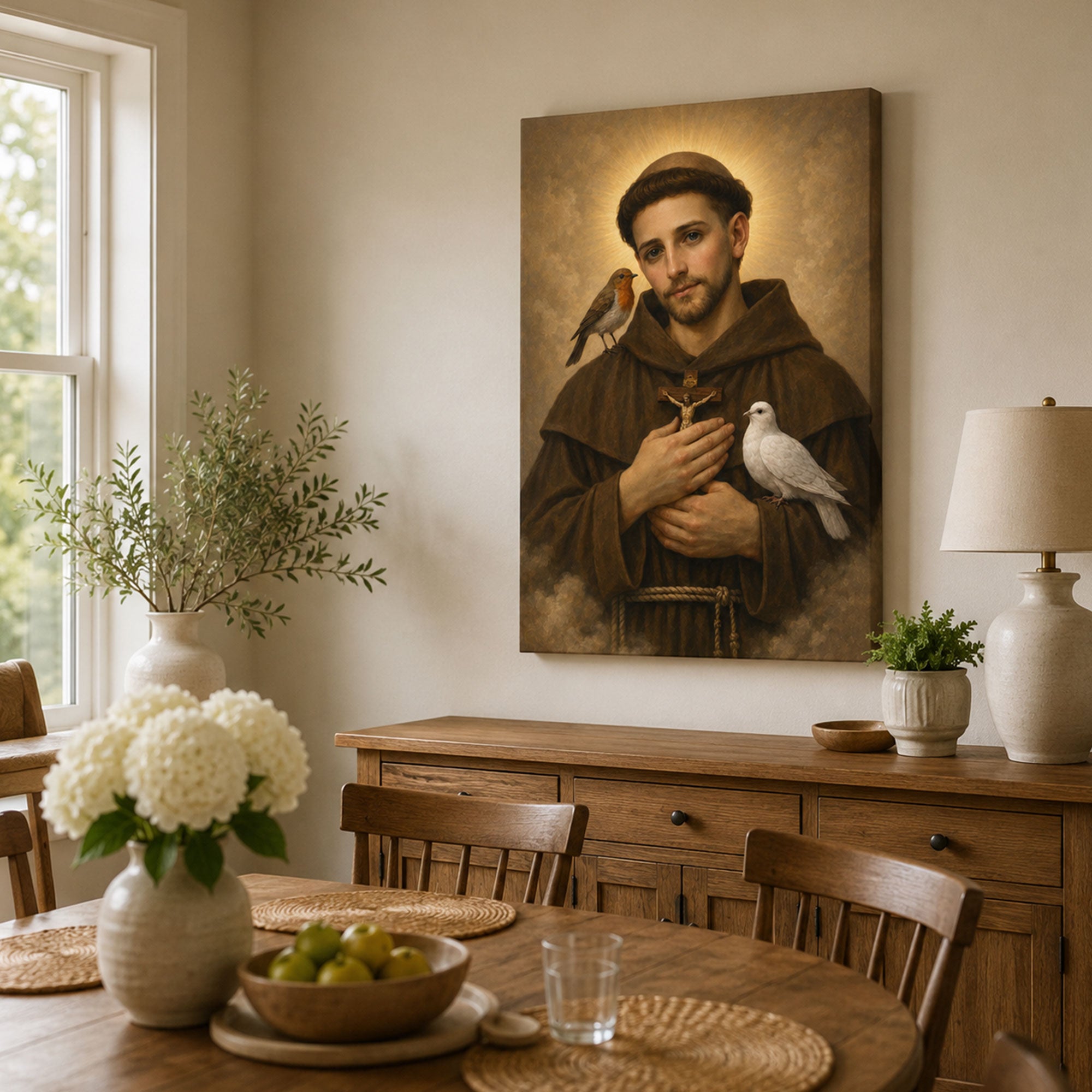 Saint Francis of Assisi with Birds Canvas Print, Catholic Saint Wall Art, Peaceful Faith Home Decor Gift