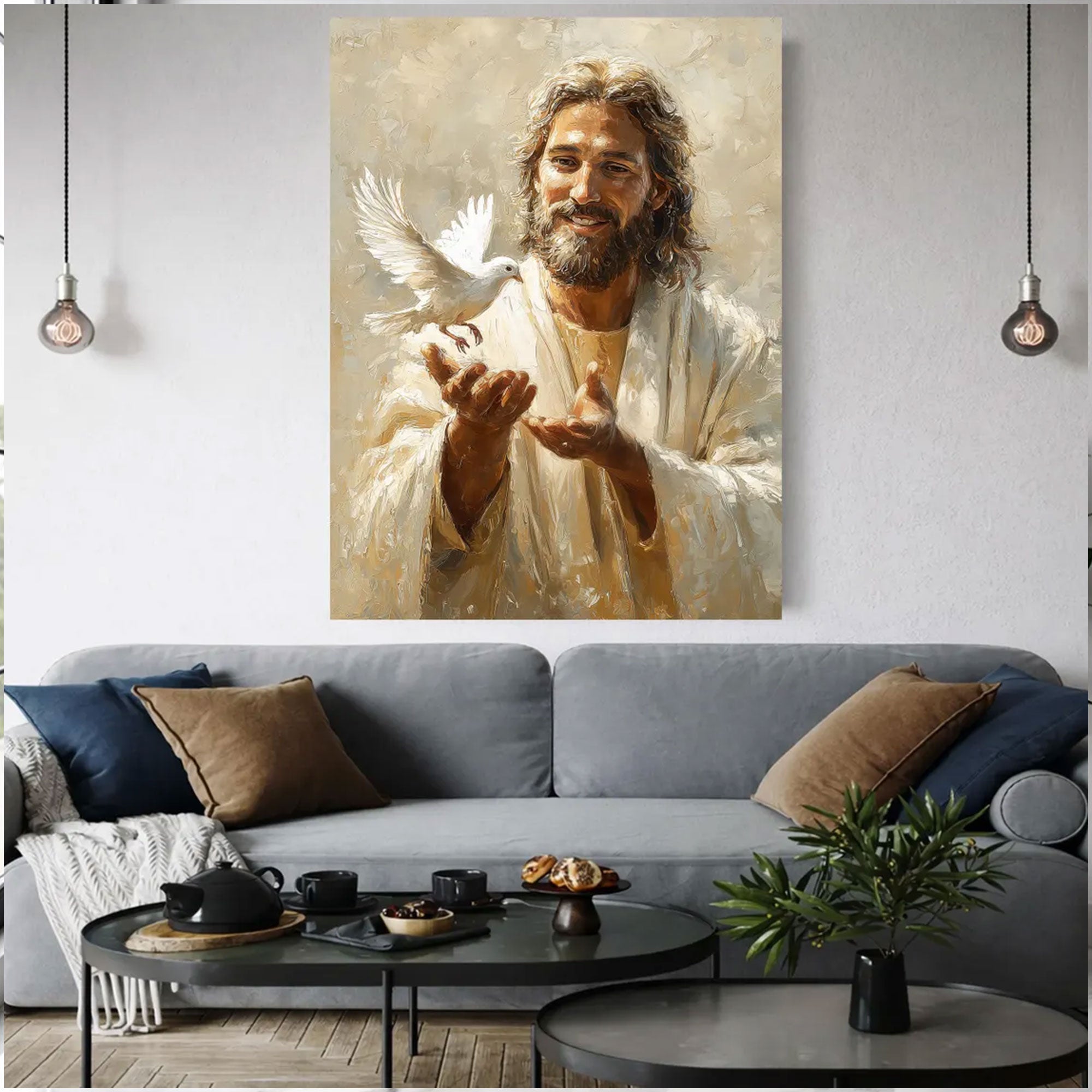 Jesus with Dove Canvas Print, Holy Spirit Christian Wall Art, Peaceful Faith Home Decor