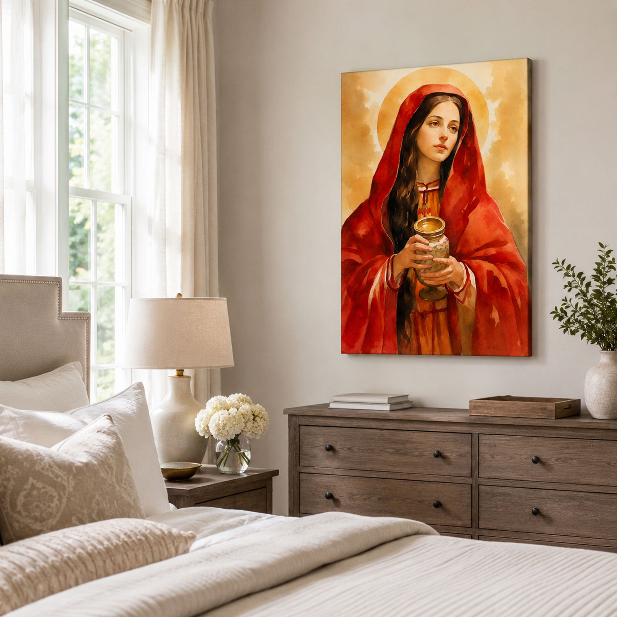 Mary Magdalene Anointing Oil Canvas Print, Crimson Watercolor Catholic Decor