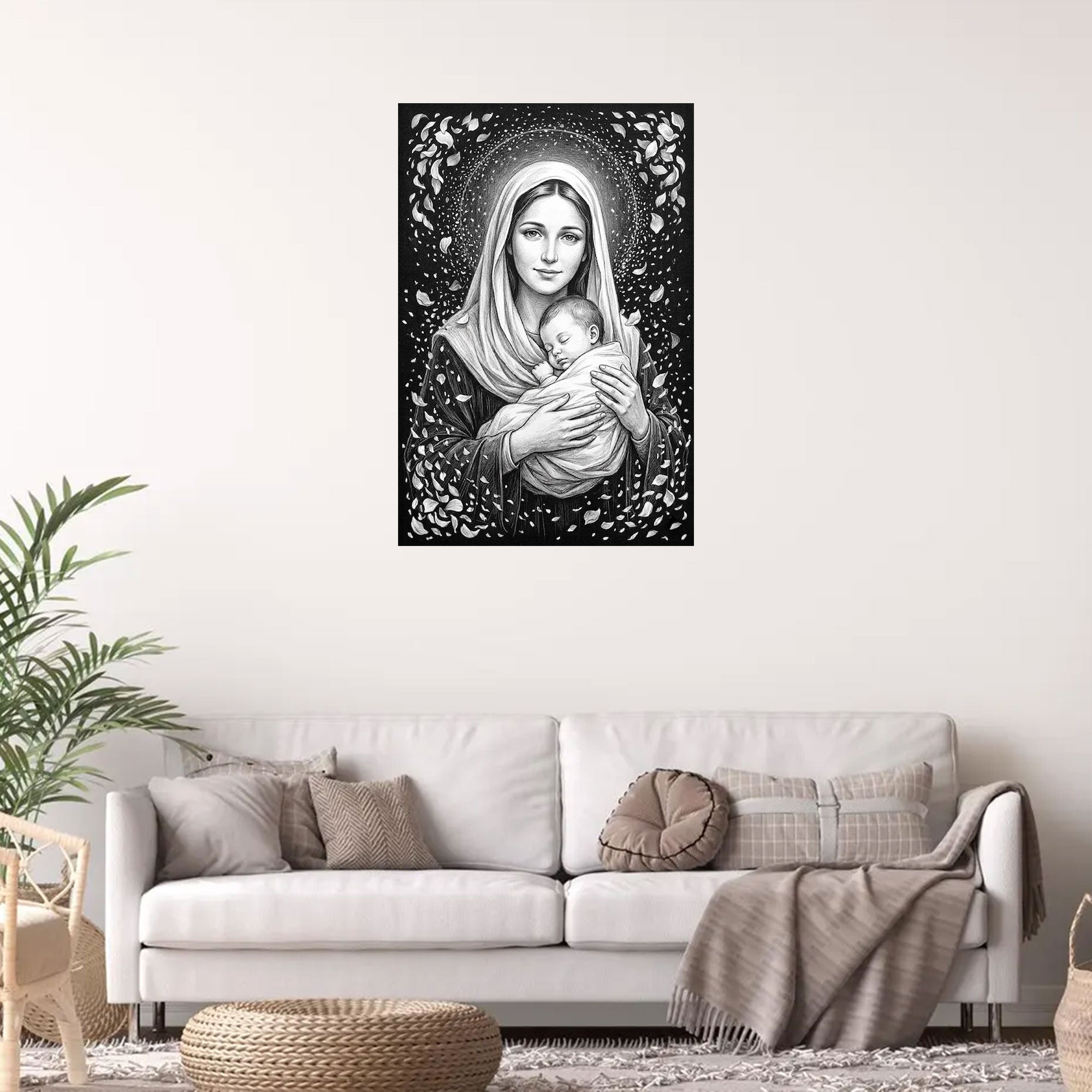 Black and White Virgin Mary with Child Canvas Print, Madonna and Baby Jesus Wall Art, Catholic Religious Decor