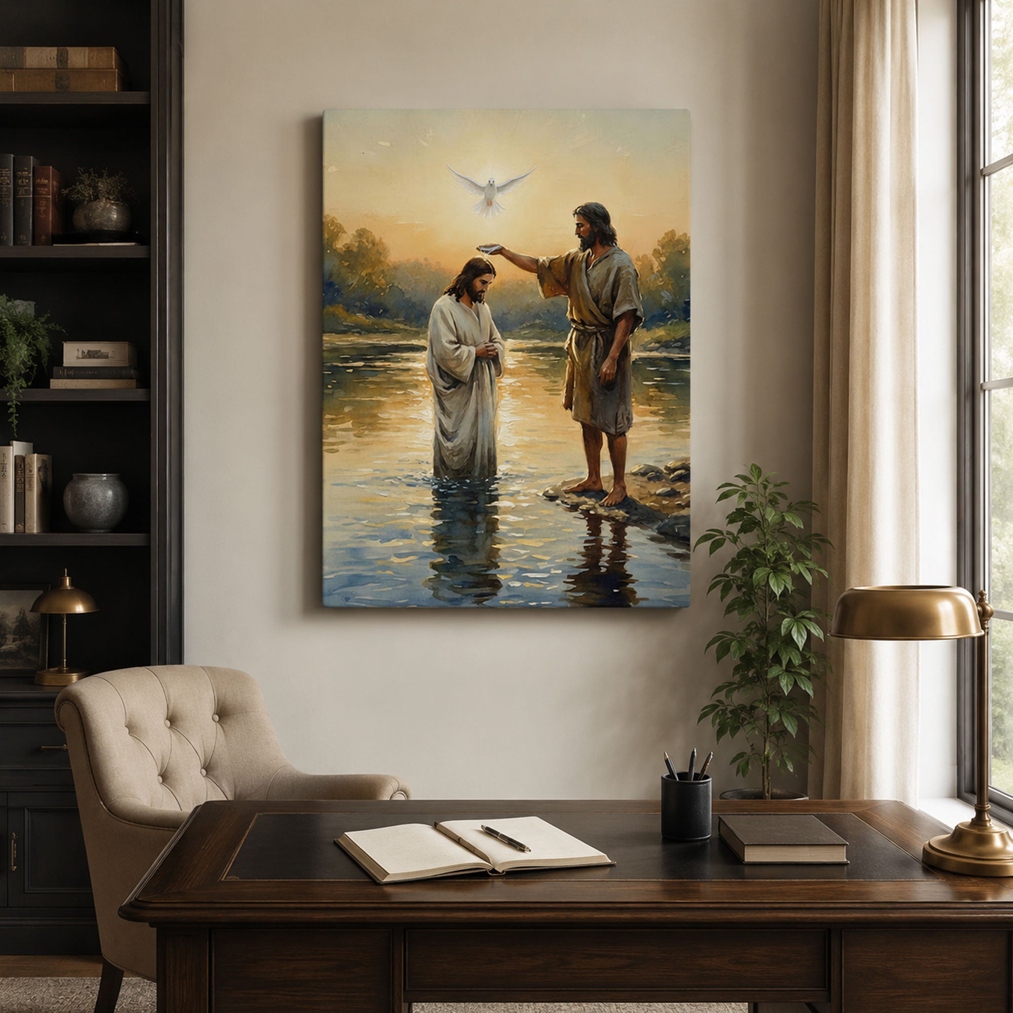 Baptism of Jesus Canvas Print, John the Baptist and Holy Spirit Dove Christian Wall Art, Bible Story Home Decor