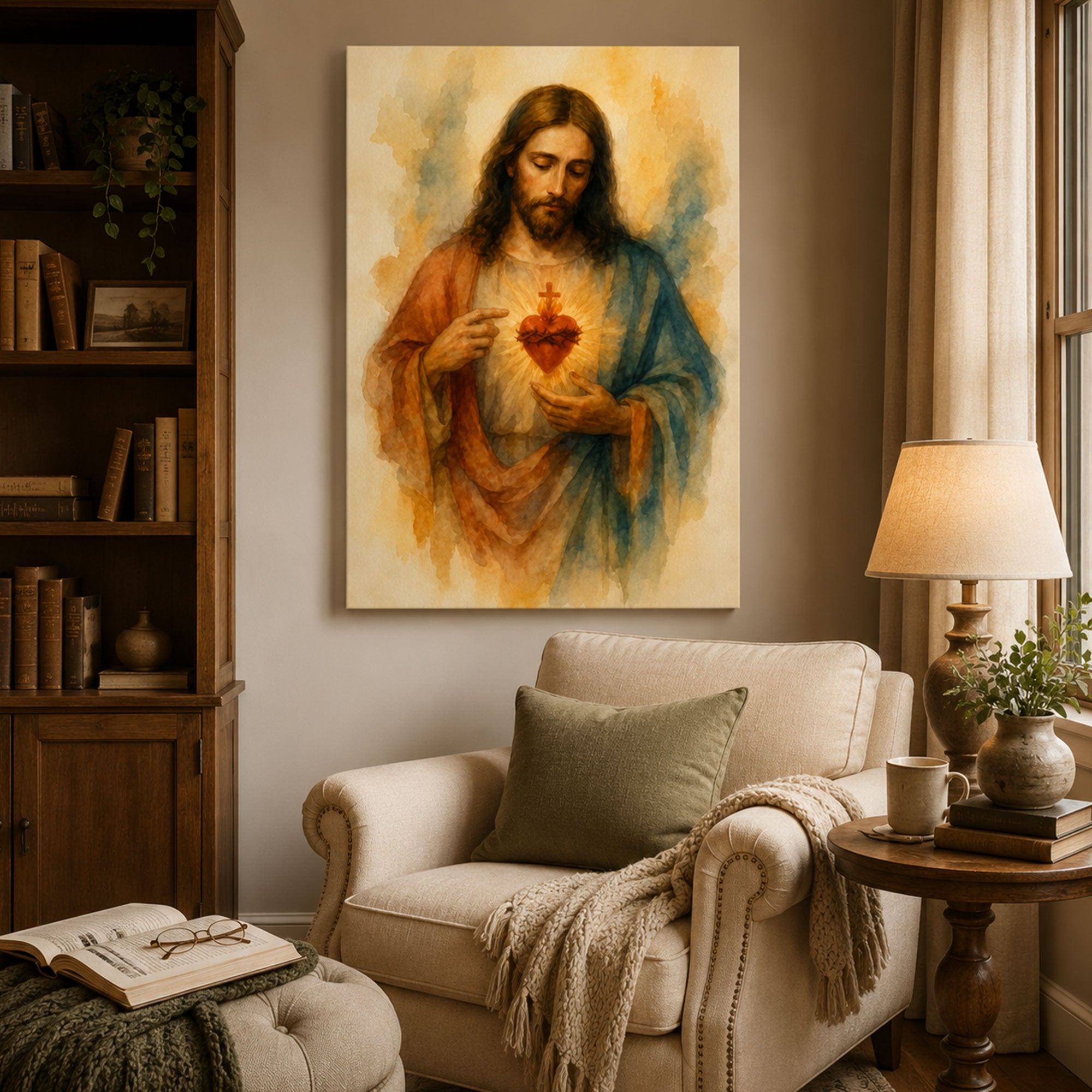 Sacred Heart of Jesus Watercolor Canvas Print, Christian Catholic Wall Art, Devotional Faith Home Decor
