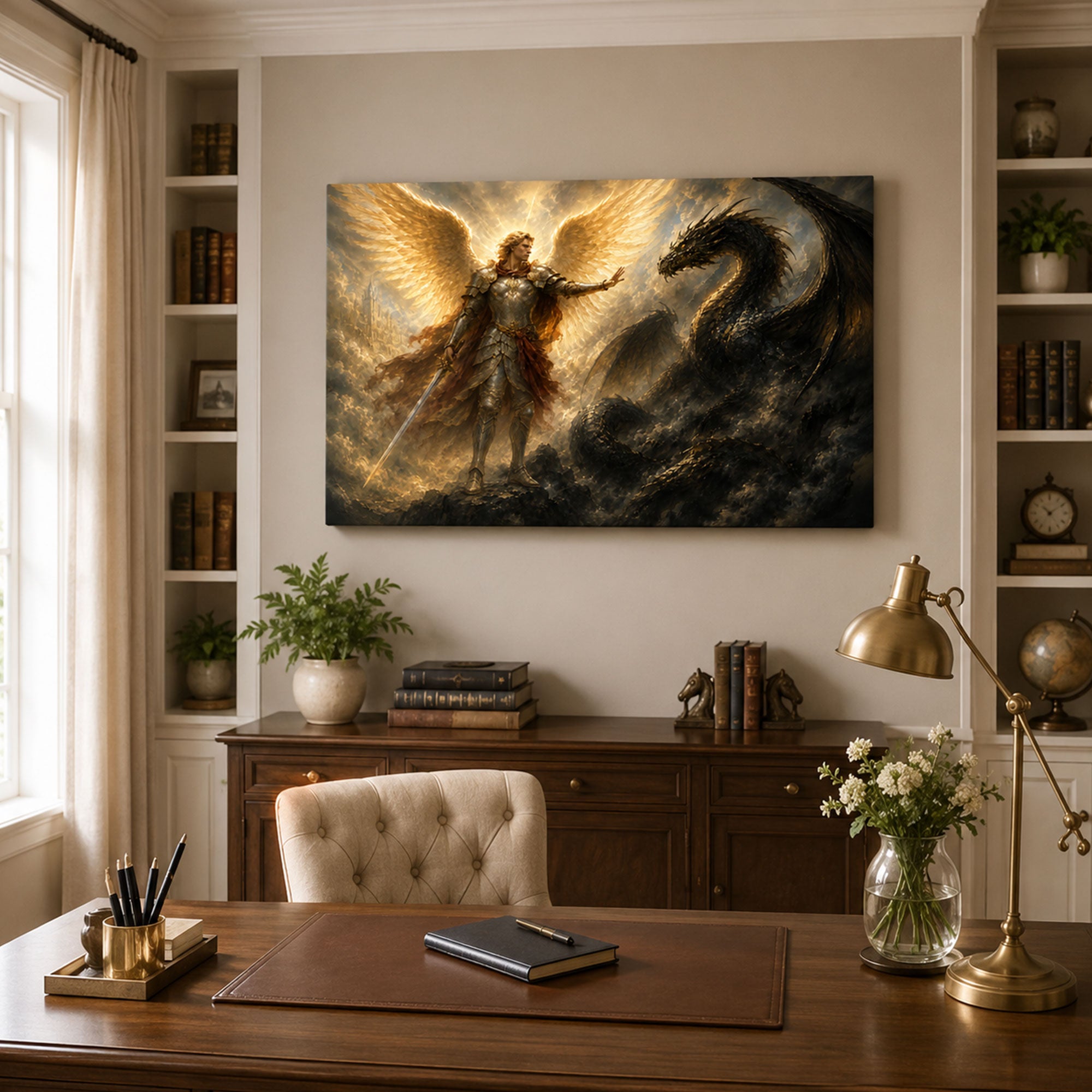 Saint Michael Defeating the Dragon Canvas Print, Catholic Home Decor
