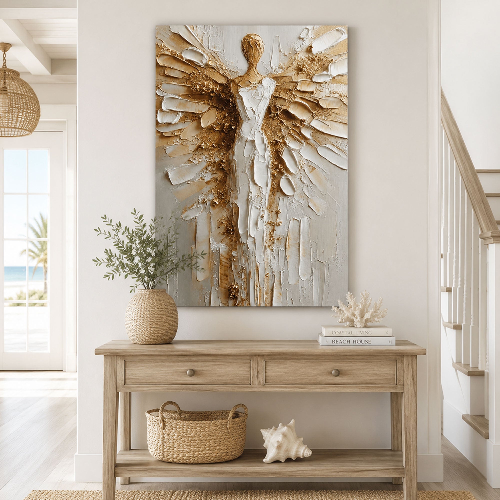 White Gold Guardian Angel Canvas Print, Christian Angel Wall Art, Faith Home Decor Gift
