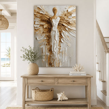 White Gold Guardian Angel Canvas Print, Christian Angel Wall Art, Faith Home Decor Gift