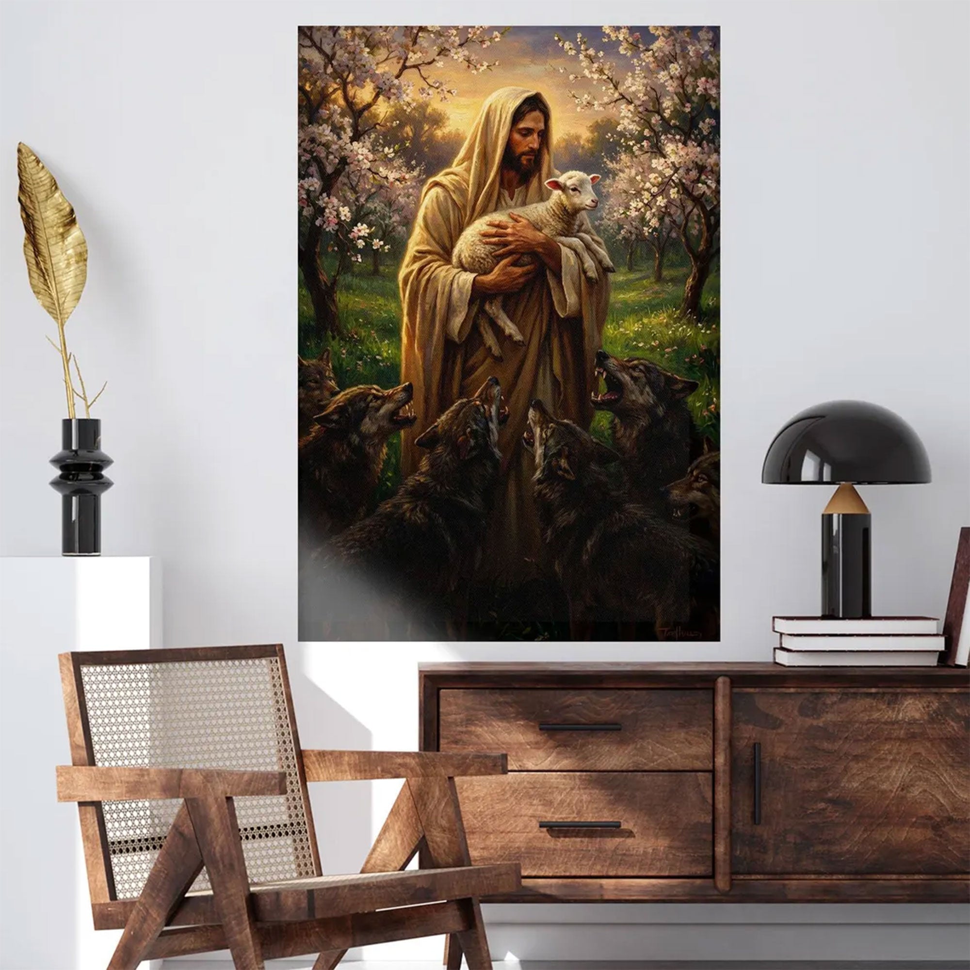 Good Shepherd Jesus Canvas Wall Art, Christian Decor, Jesus with Lamb Faith Gift