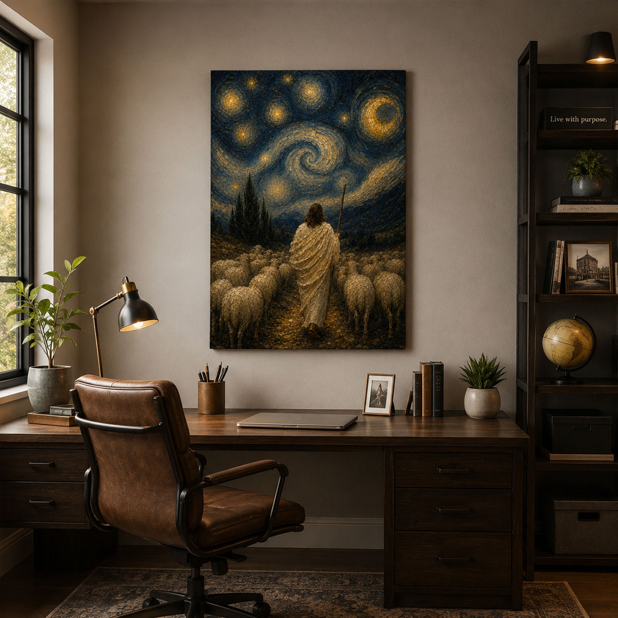 Good Shepherd Starry Night Canvas Print, Jesus with Sheep Christian Wall Art, Faith Home Decor Gift