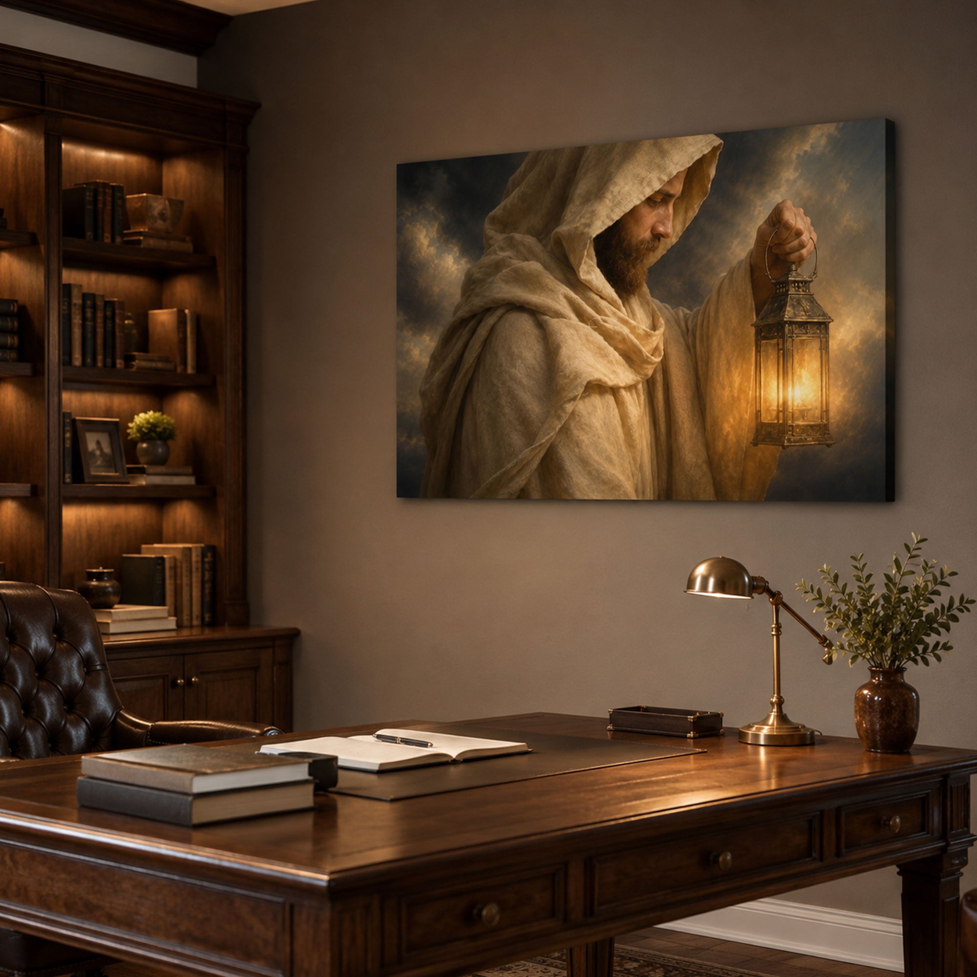 Jesus Holding Lantern Panoramic Canvas Print, Light of the World Christian Wall Art, Faith Home Decor Gift
