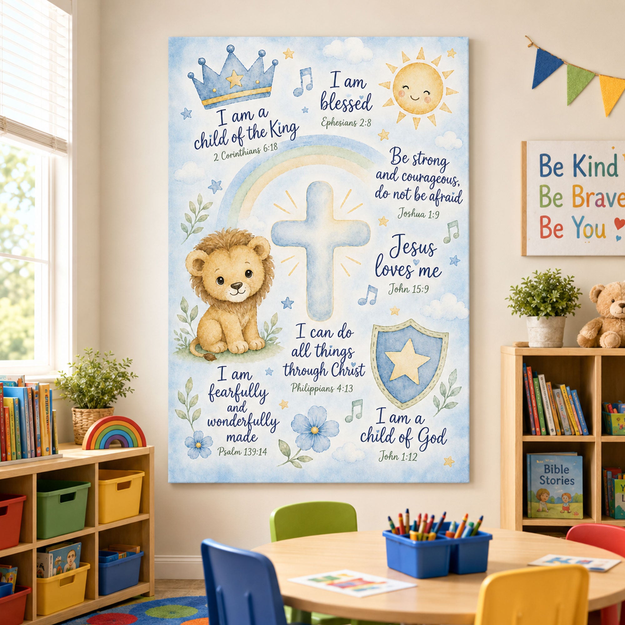 Christian Boy Nursery Wall Art Bible Verse Affirmation Canvas Print Blue Watercolor Lion Cross Jesus Loves Me Decor