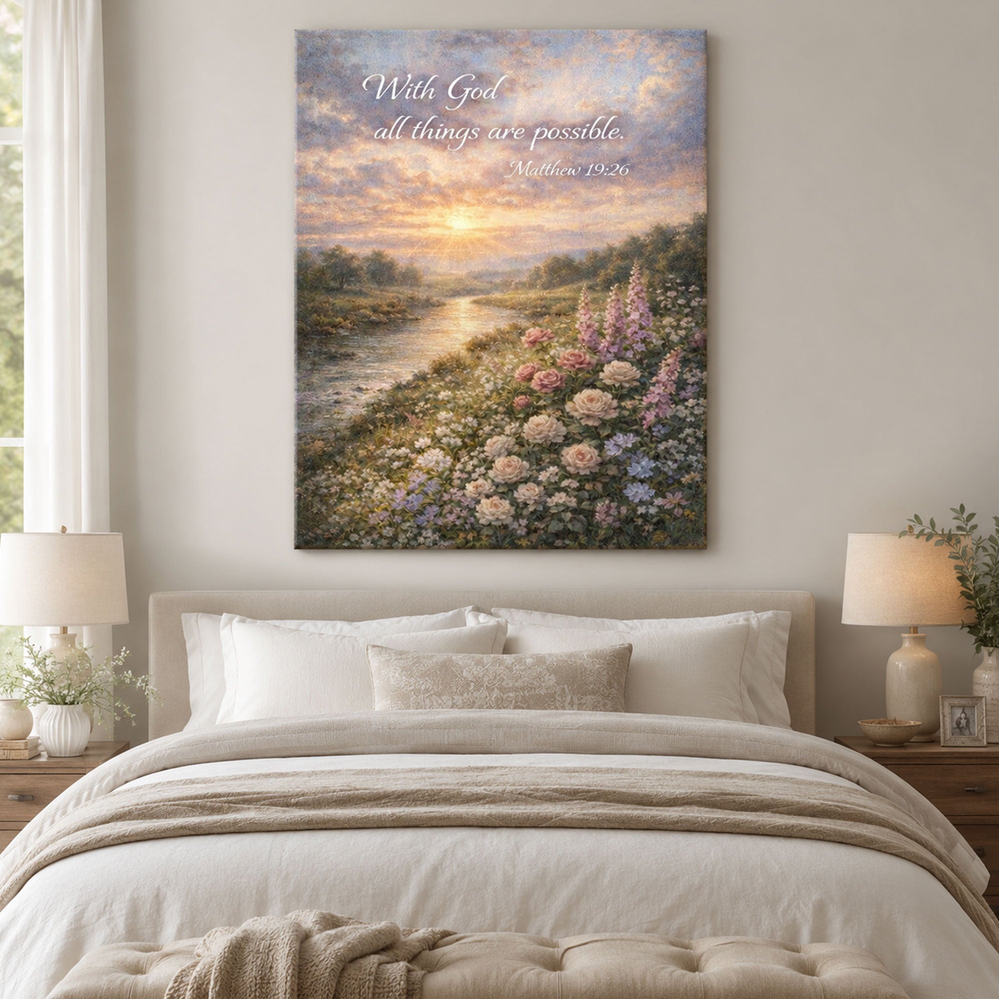 Sunset Meadow Canvas Print, Christian Religious Wall Art, Peaceful Landscape Home Decor, Inspirational Faith Gift