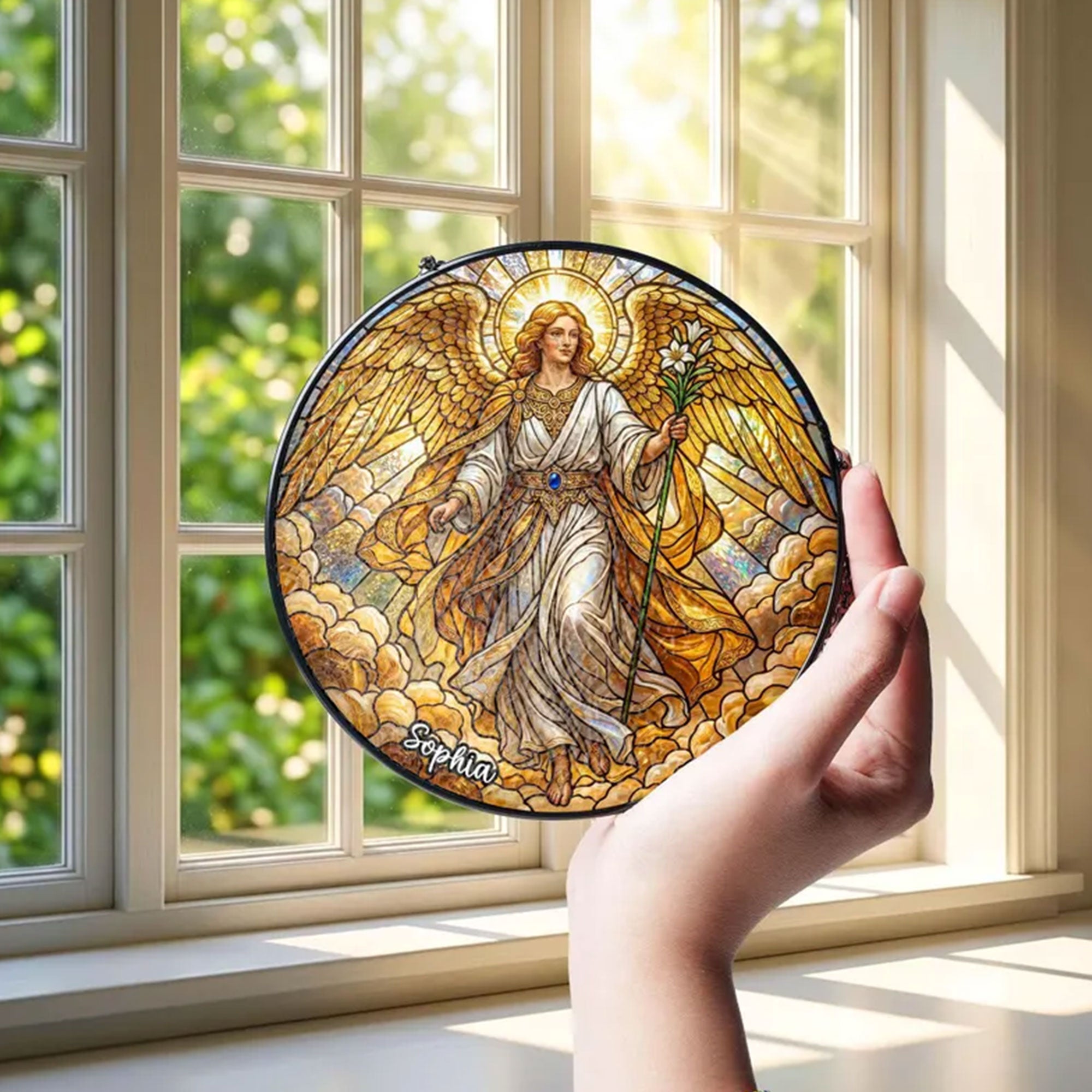 Guardian Angel Lily Suncatcher, Custom Name Angel Window Hanging Gift