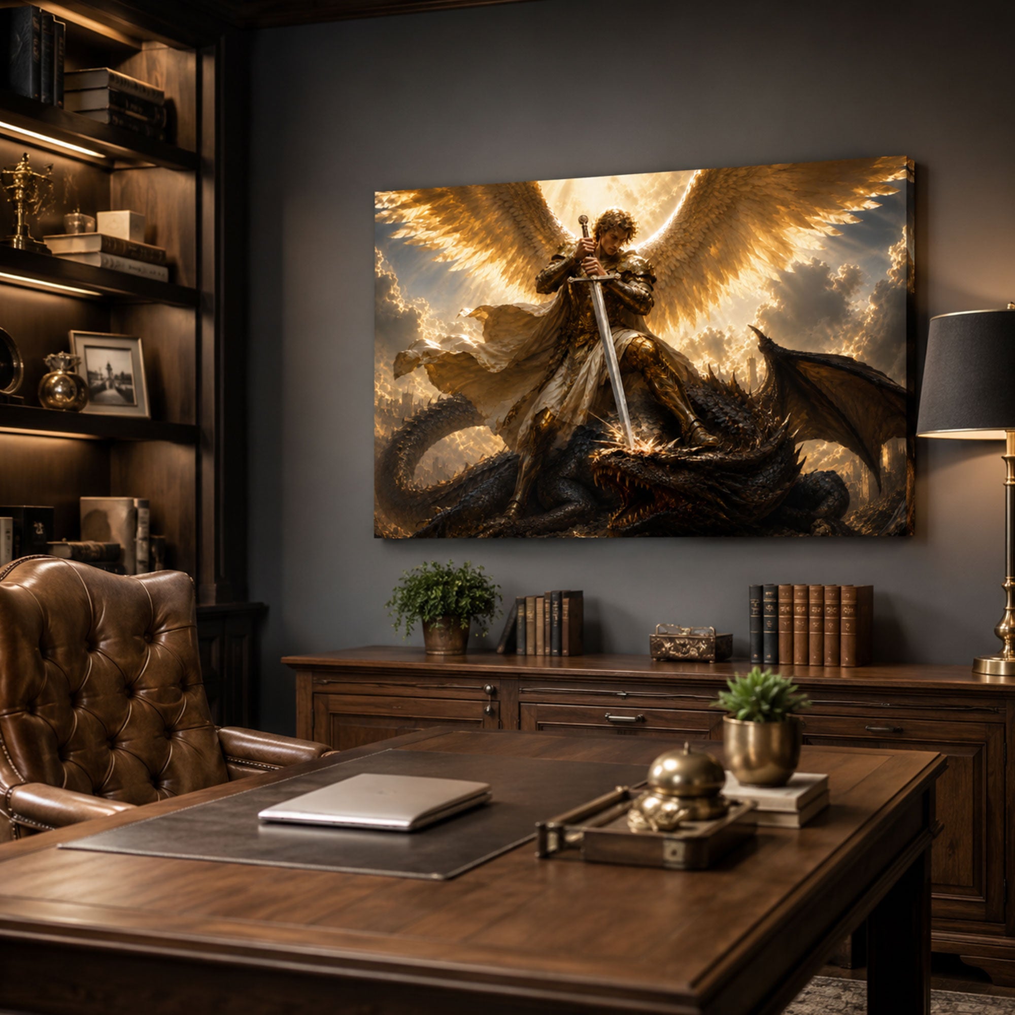 Saint Michael Defeating the Dragon Canvas Print, Dramatic Catholic Wall Decor