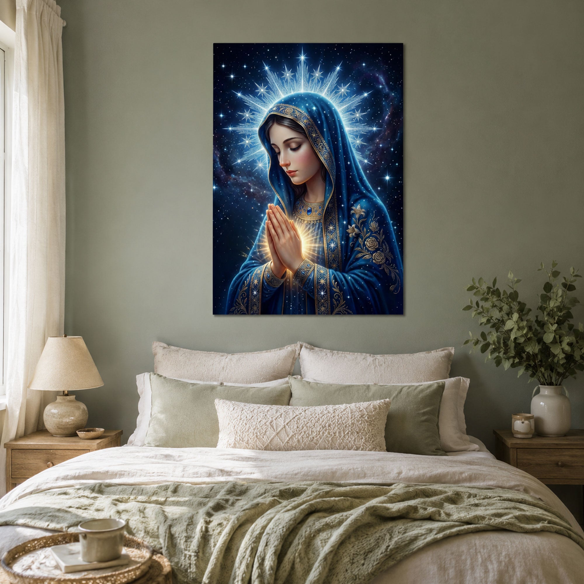 Celestial Virgin Mary Canvas Print, Starry Catholic Wall Art, Heavenly Blue Madonna Decor, Christian Faith Artwork