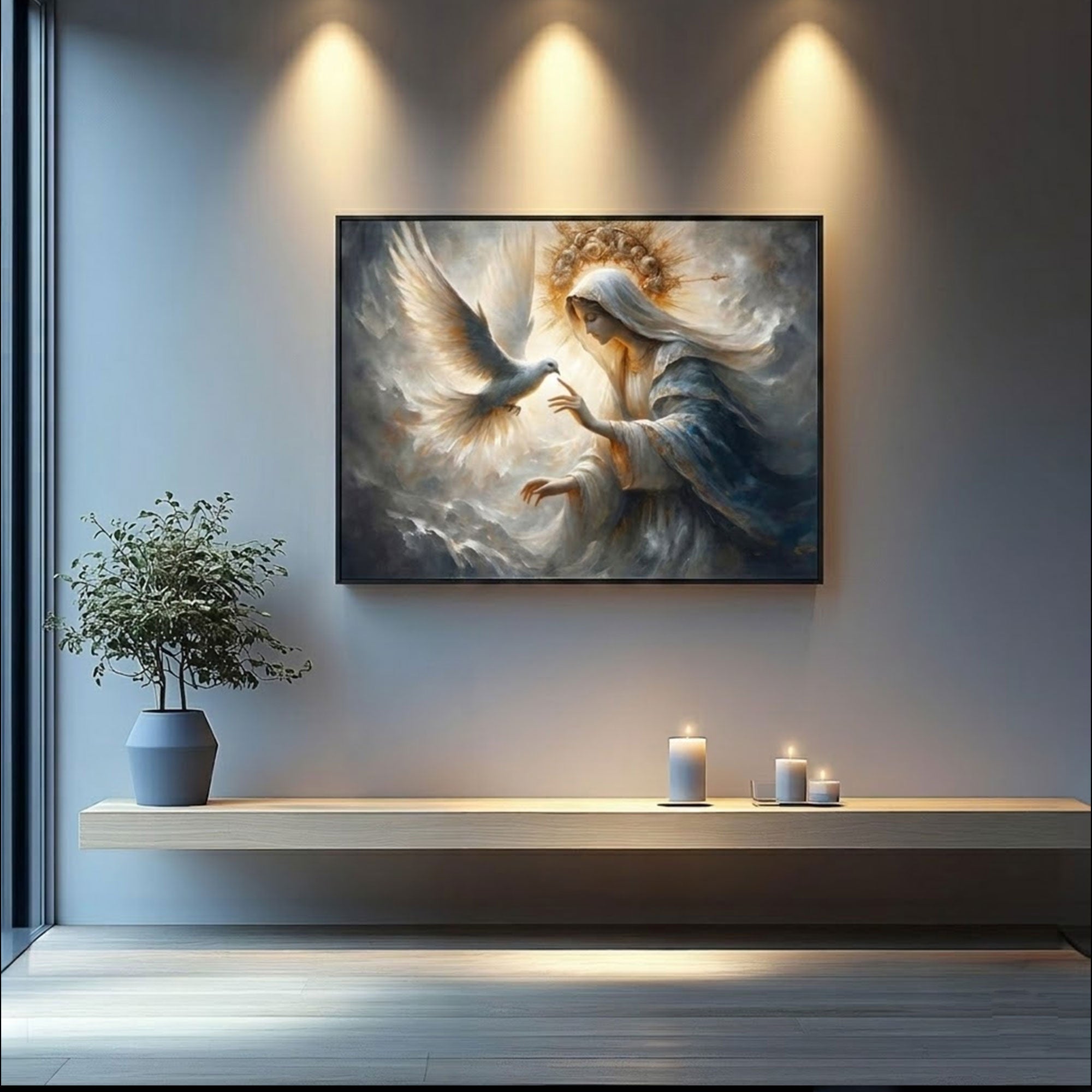 Spouse of the Holy Spirit Canvas Print, Blessed Virgin Mary and Dove Wall Art, Catholic Mystical Artwork, Abstract Religious Decor, Inspirational Faith Gift