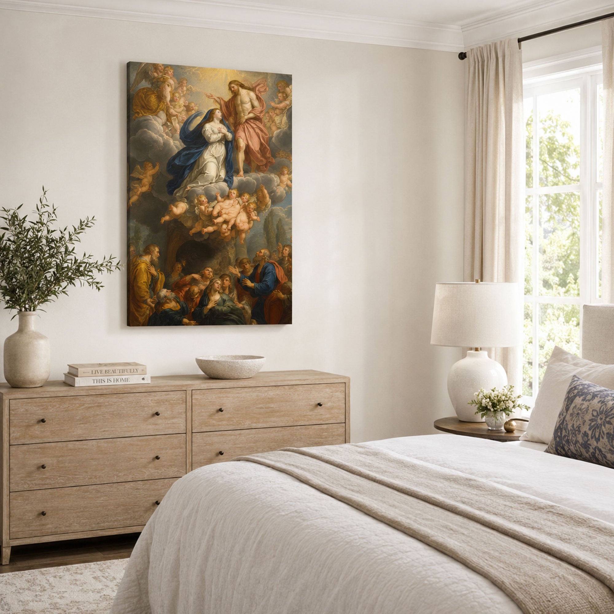 Assumption of the Virgin Mary Canvas Print, Jesus Welcoming Mary into Heaven, Catholic Wall Decor