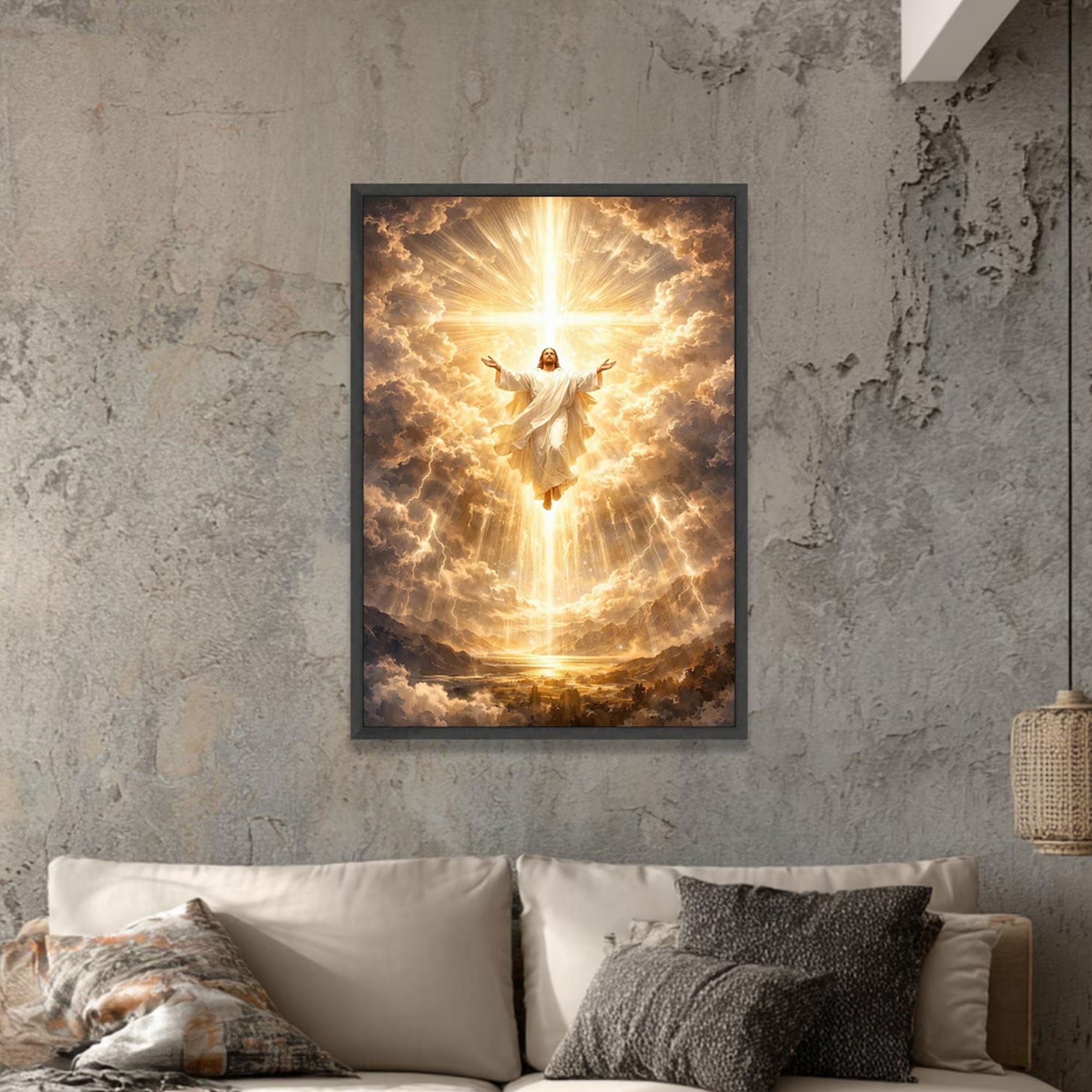 Radiant Jesus Ascending Canvas Print, Divine Light Cross Wall Art, Christian Spiritual Decor, Heavenly Glory Landscape