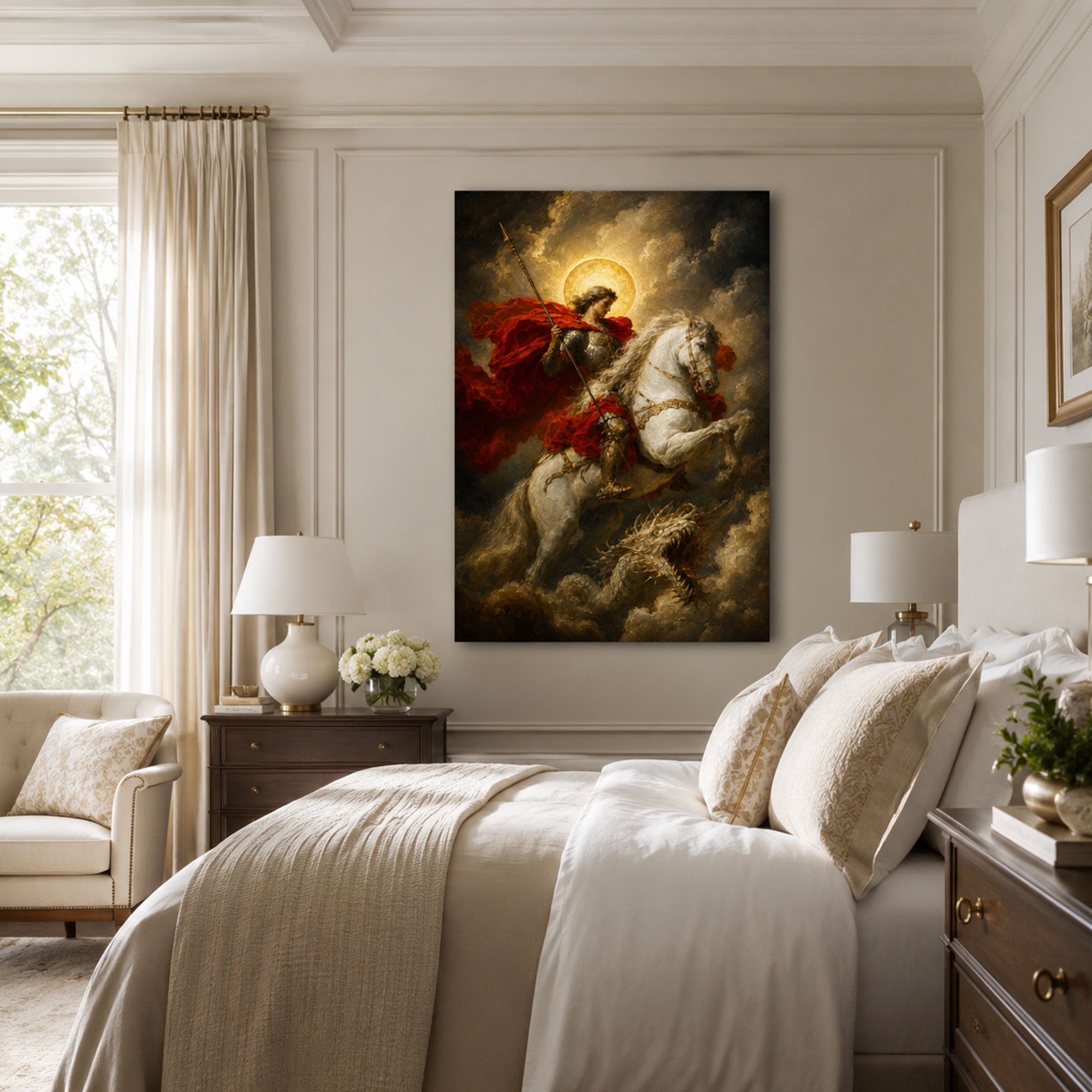 Saint George Slaying the Dragon Canvas Print, Catholic Warrior Decor