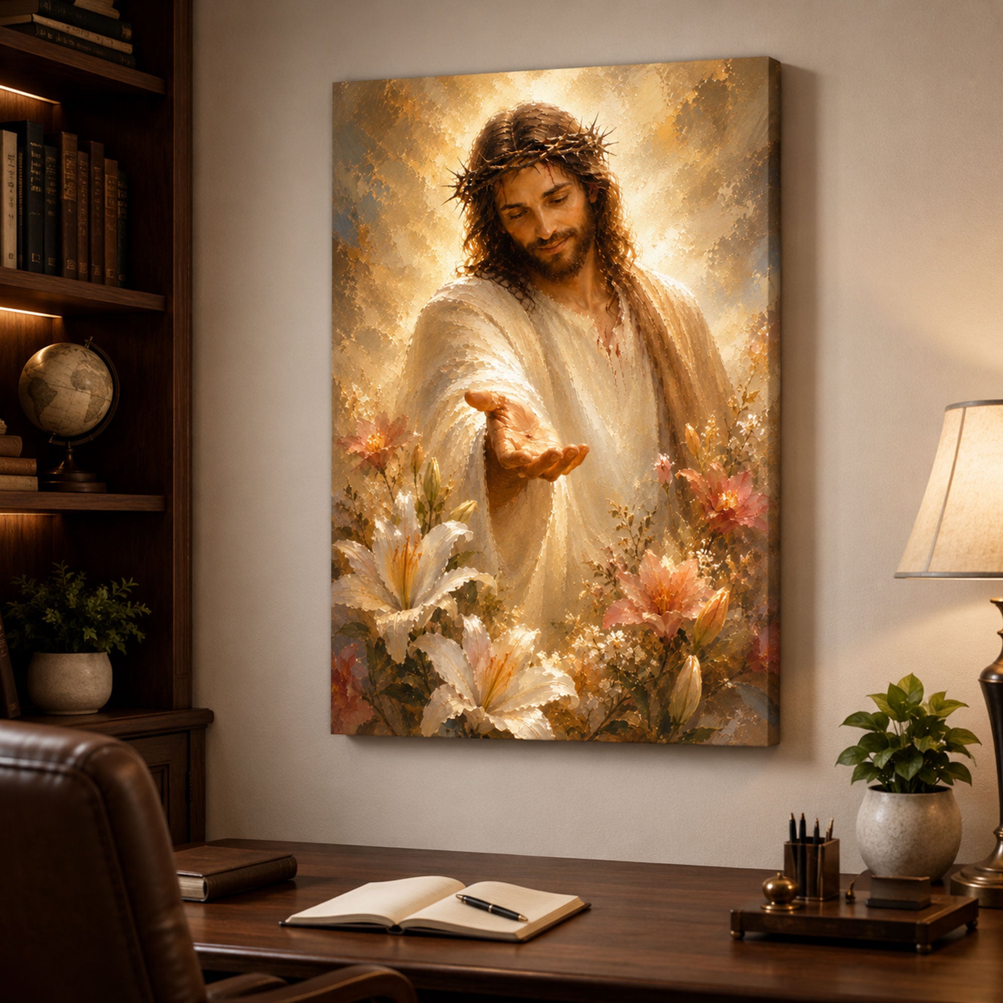 Jesus Reaching Out Canvas Print, Crown of Thorns Christian Wall Art, Floral Faith Home Decor