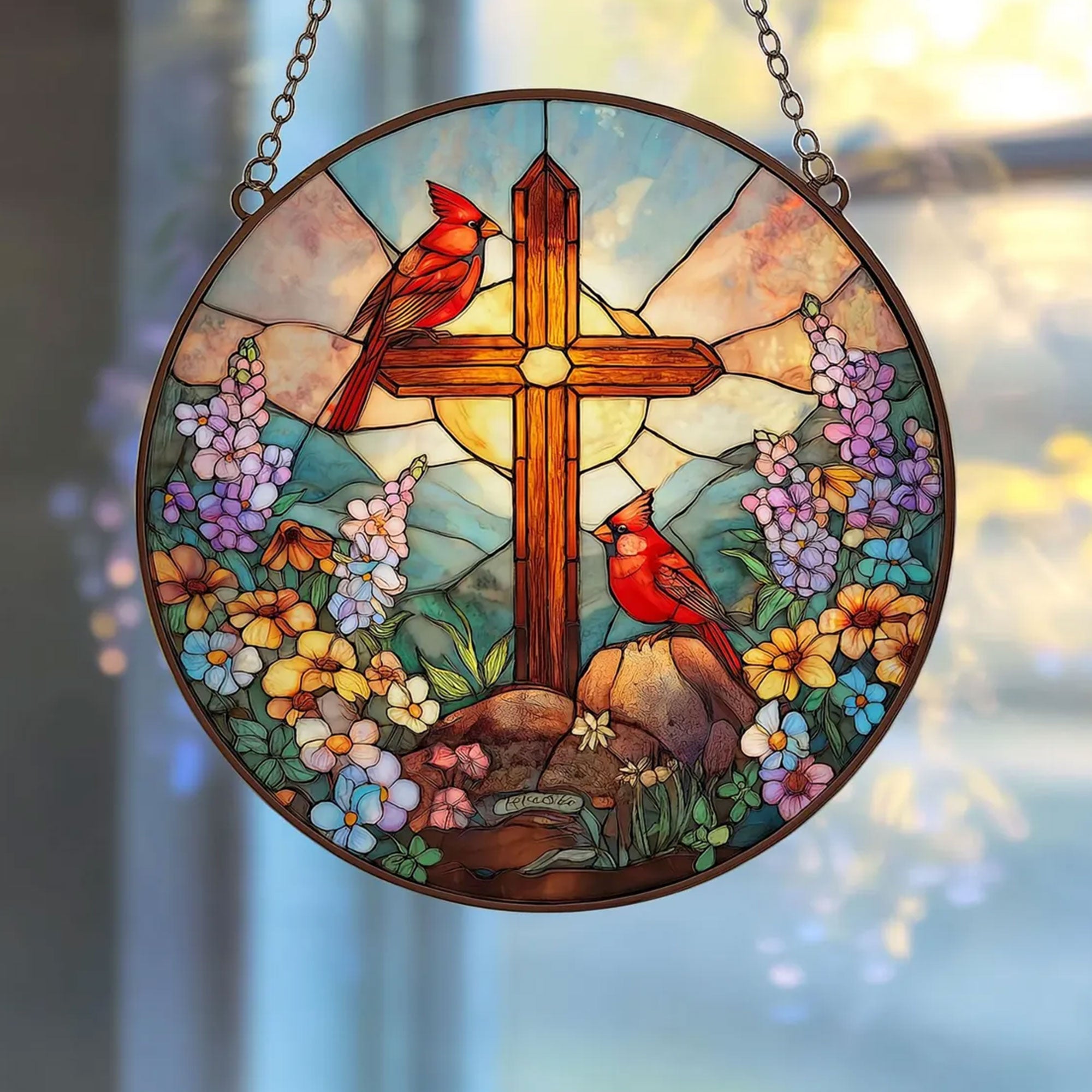 Cardinal with Cross Stained Glass Suncatcher, Christian Window Hanging Decor, Memorial Faith Gift