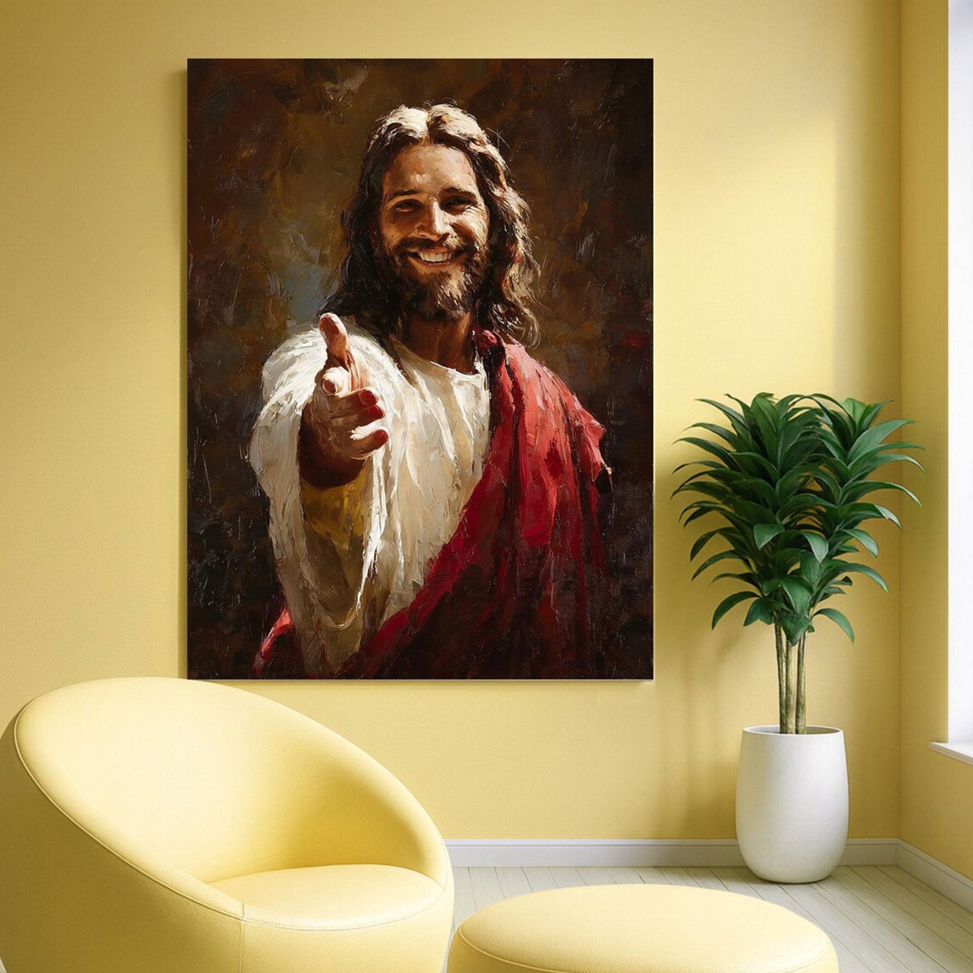 Smiling Jesus Welcoming Canvas Print, Inspirational Christian Faith Wall Art, Religious Home Decor Gift