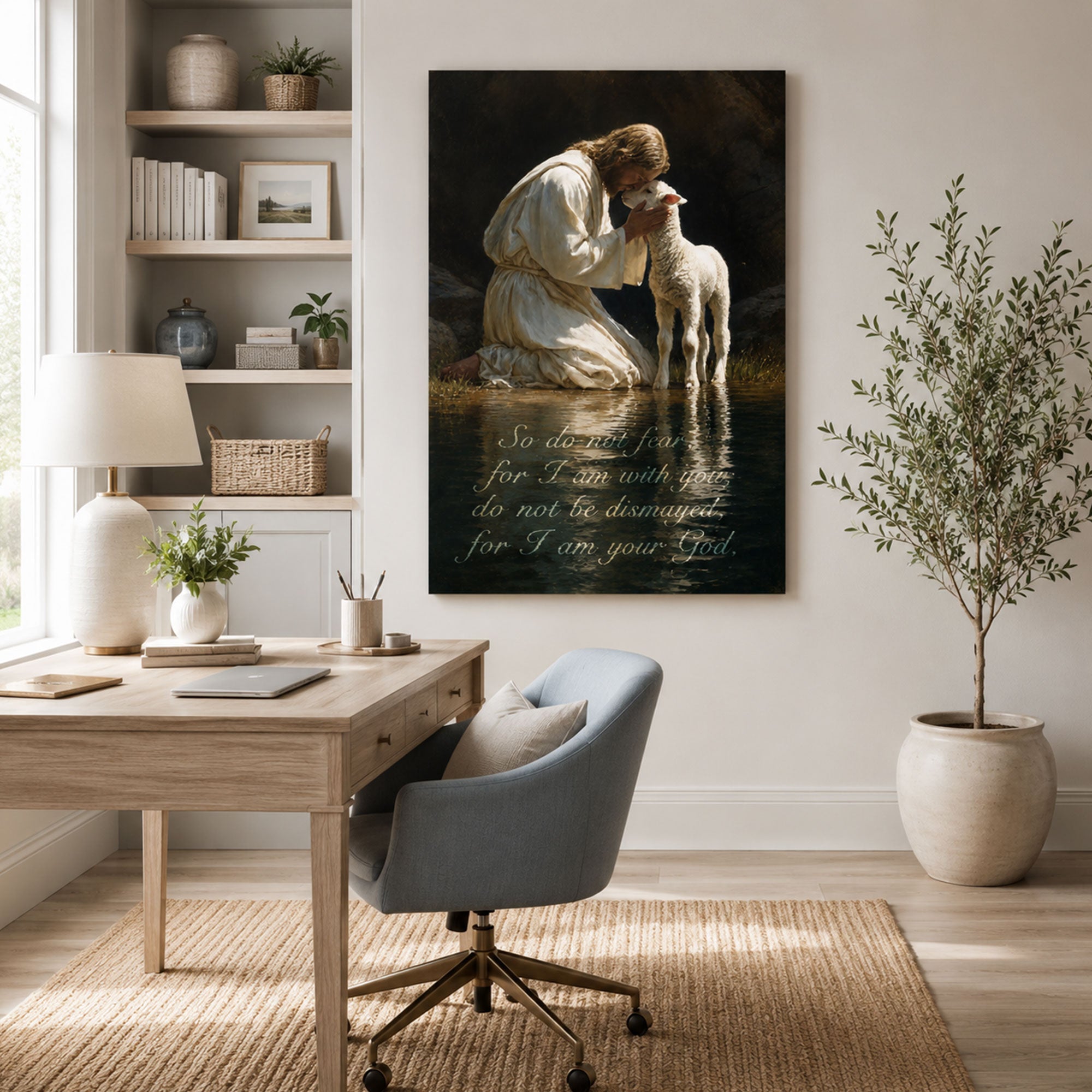 Jesus and Lamb Canvas Print, Good Shepherd Christian Wall Art, Peaceful Faith Home Decor