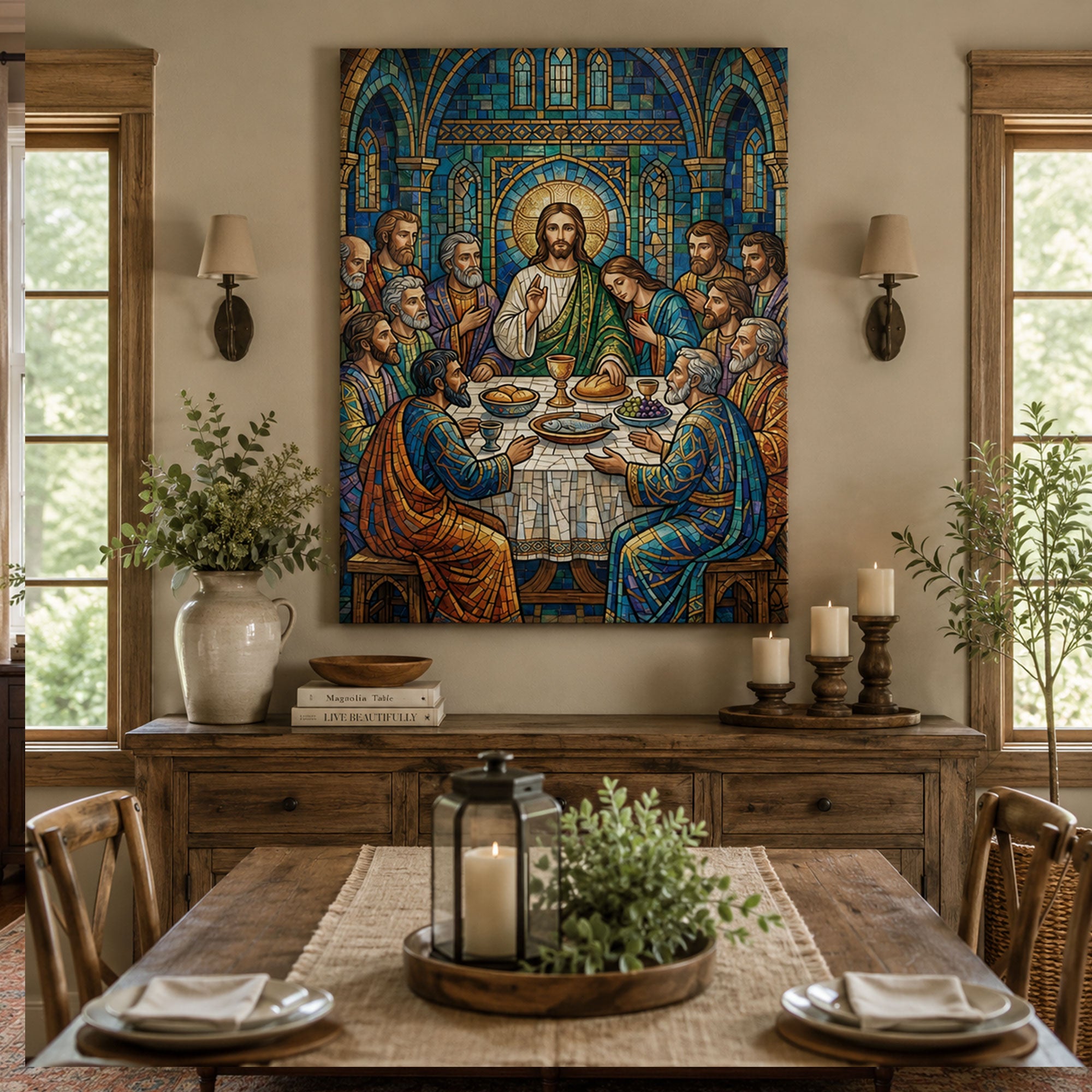 Last Supper Stained Glass Canvas Print, Christian Eucharist Wall Art, Catholic Faith Home Decor