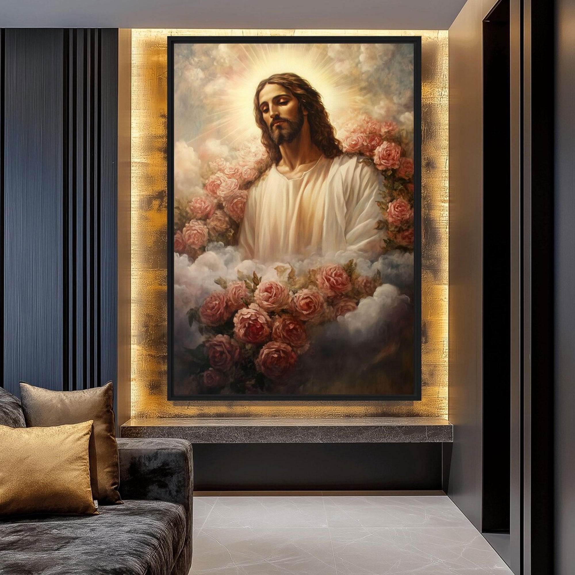 Jesus Christ in Flowers Framed Canvas Print, Religious Christian Wall Art, Peaceful Faith Home Decor