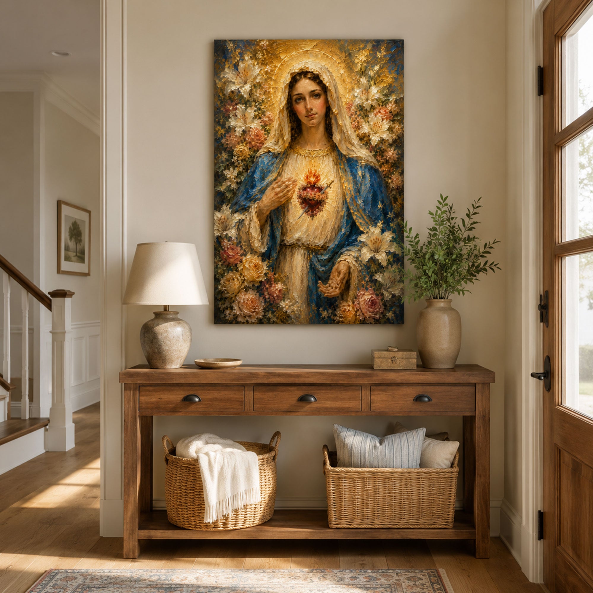 Immaculate Heart of Mary Canvas Print Catholic Floral Wall Art Virgin Mary Religious Home Decor