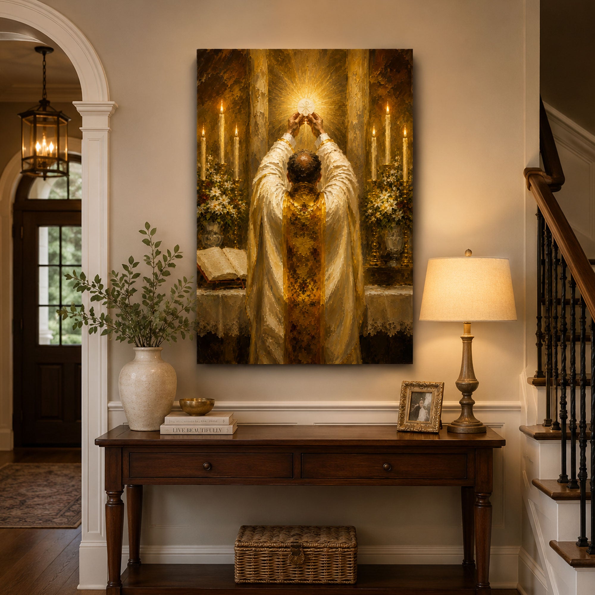 Holy Eucharist Canvas Print, Catholic Mass Wall Art, Priest Elevating the Host Faith Home Decor Gift
