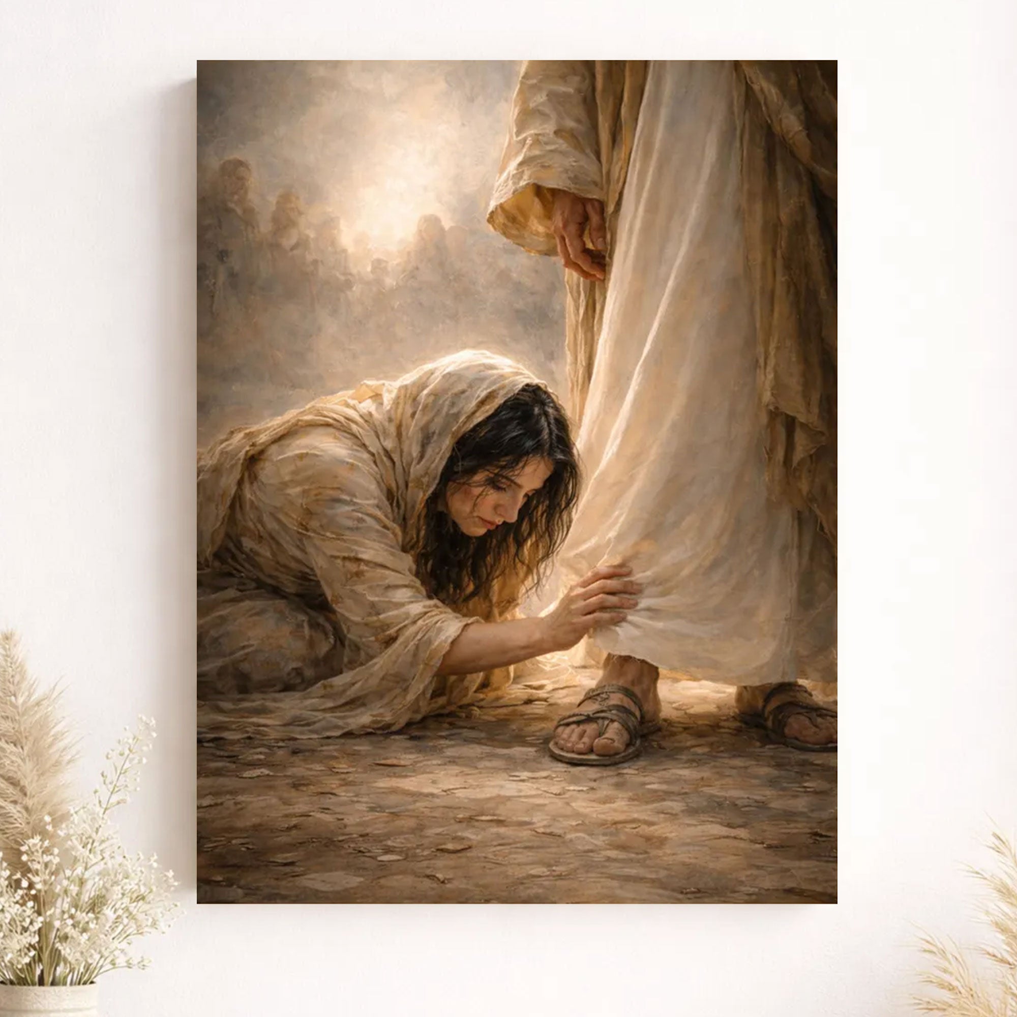 Woman Healed by Faith Christian Wall Art, Jesus Healing Woman Touching the Hem Canvas Print, Modern Catholic Art DecorMary Catholic Art Home Decor