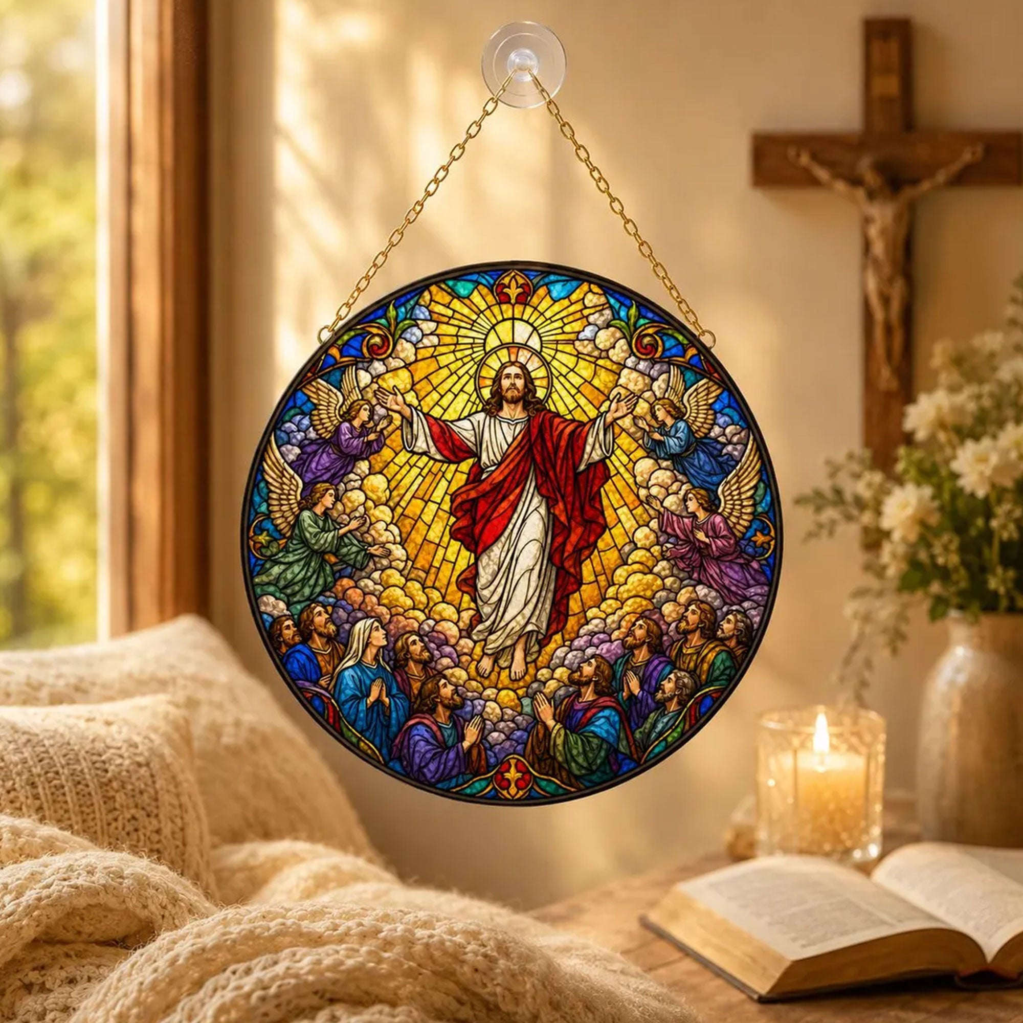Jesus Ascension Stained Glass Ornament, Christian Window Suncatcher, Religious Faith Gift
