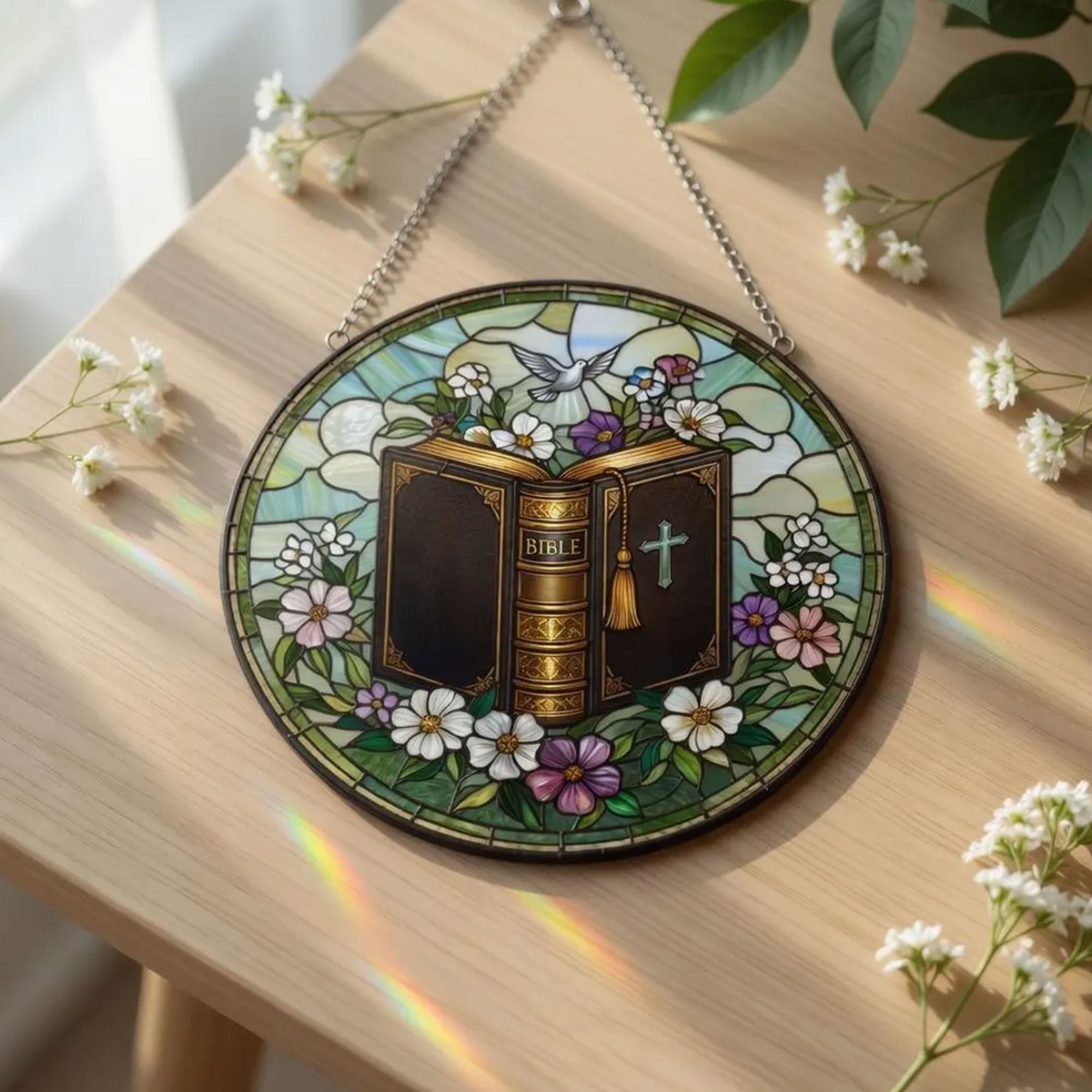 Open Bible Stained Glass Suncatcher with Dove, Christian Window Decor, Faith Gift