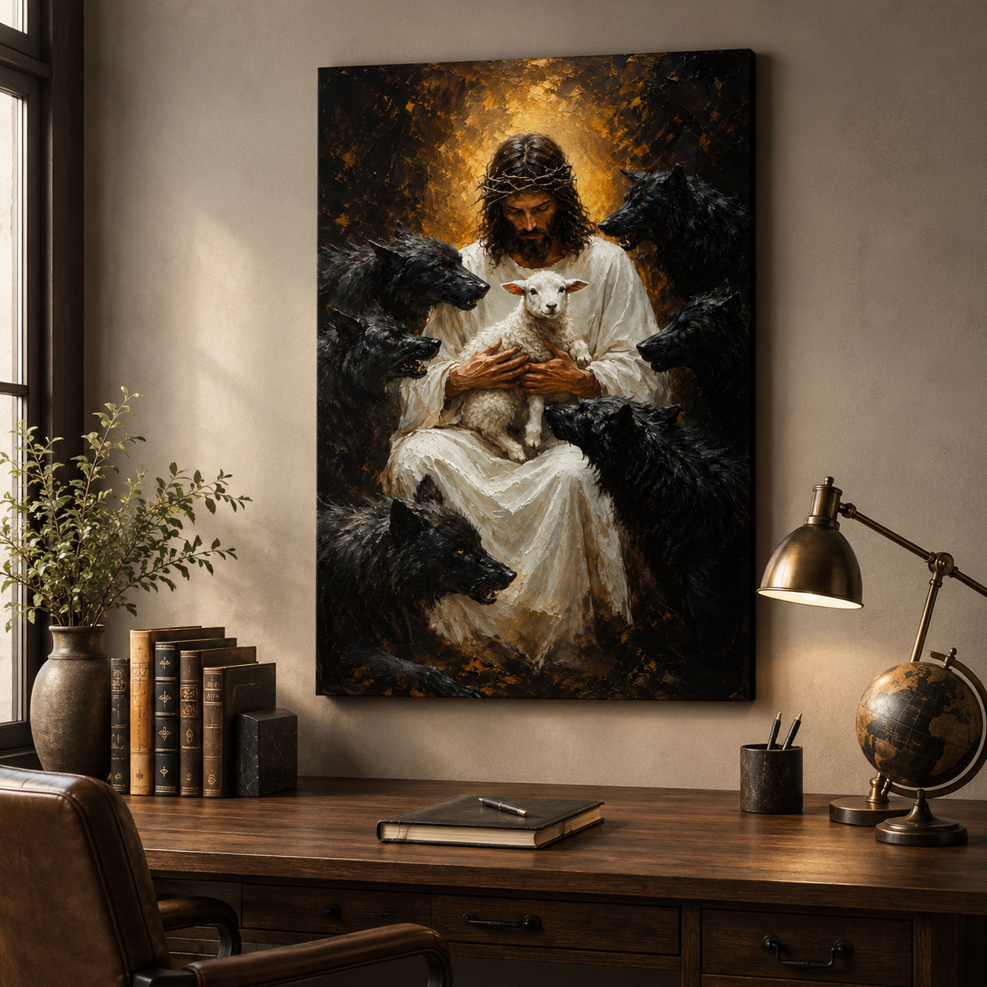 Jesus Protecting the Lamb Canvas Print, Good Shepherd with Wolves Christian Wall Art, Faith Home Decor
