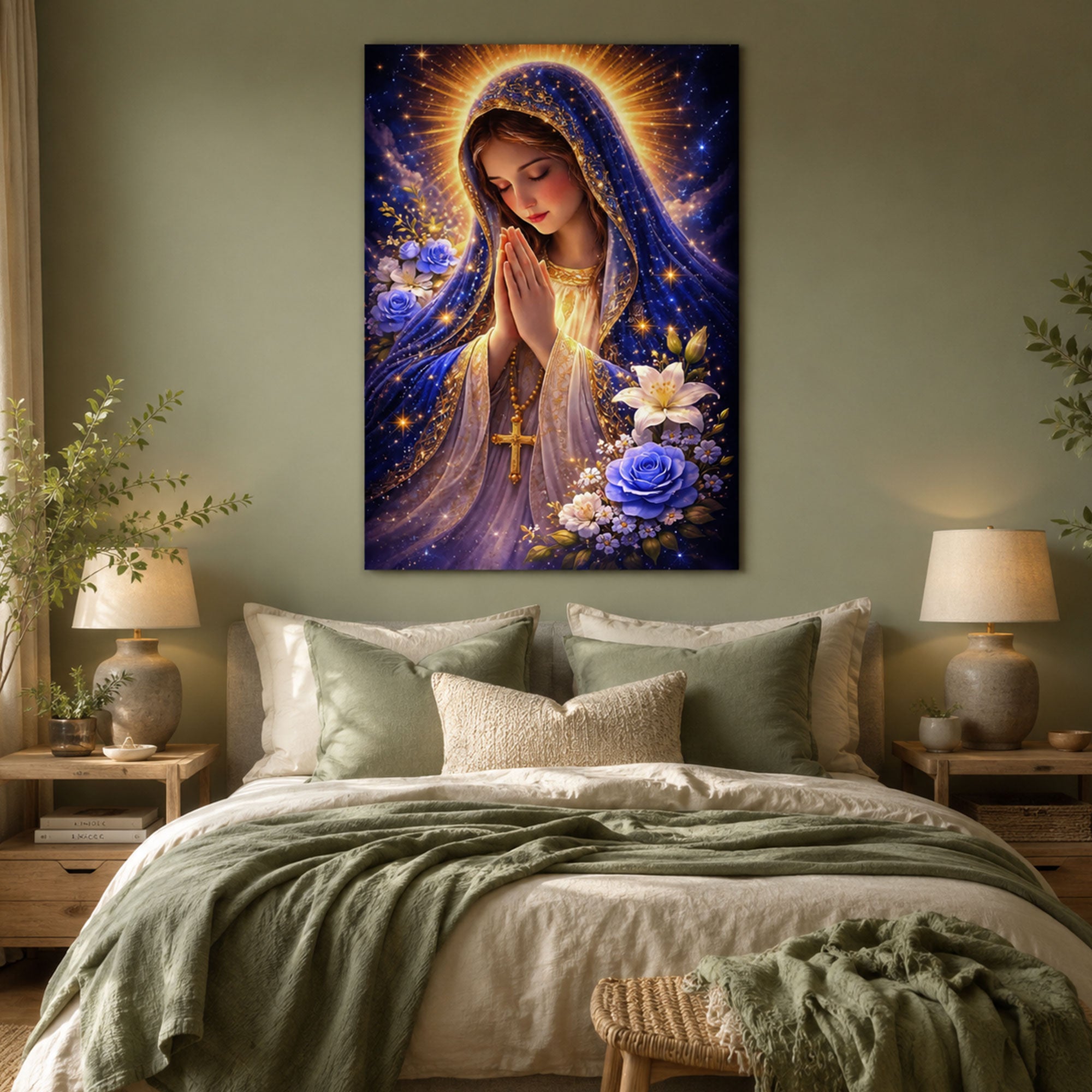 Radiant Virgin Mary Canvas Print, Celestial Christian Wall Art, Floral Catholic Faith Decor, Heavenly Madonna Artwork